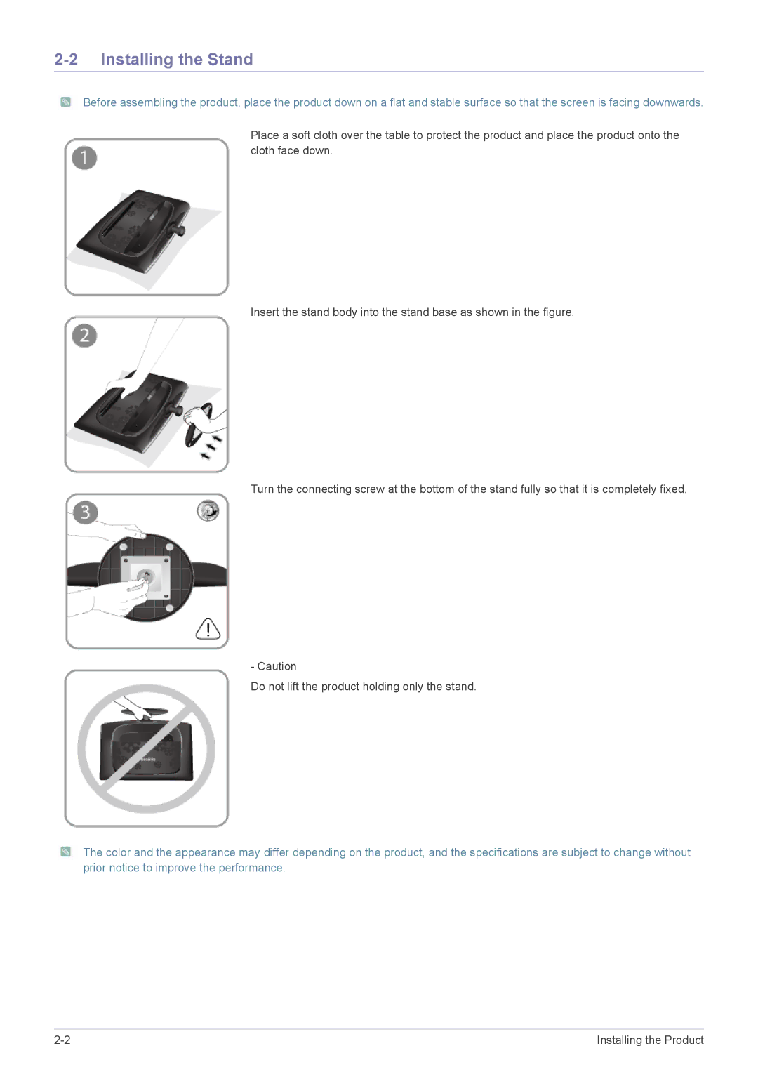 Samsung 2333TN user manual Installing the Stand 