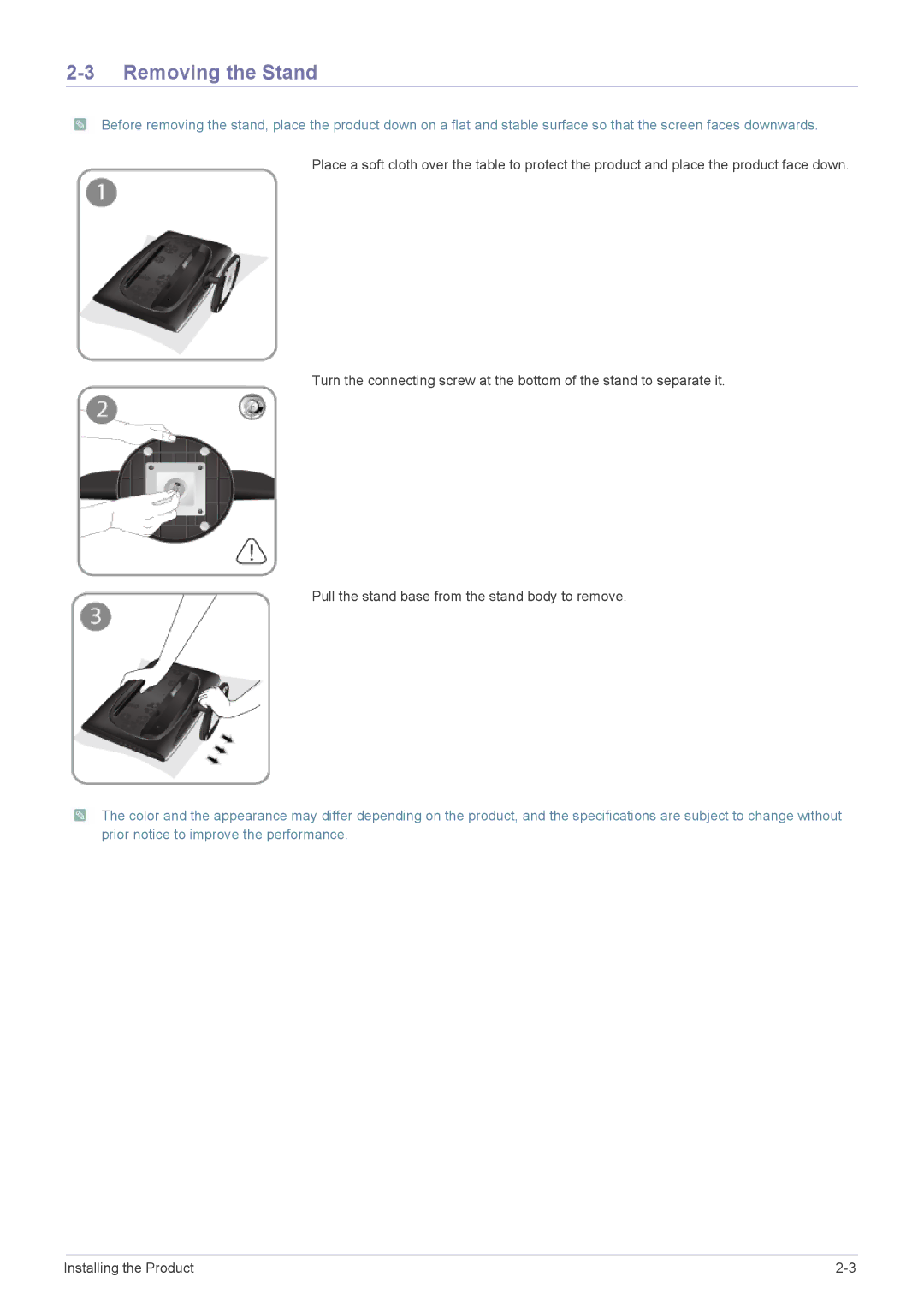 Samsung 2333TN user manual Removing the Stand 