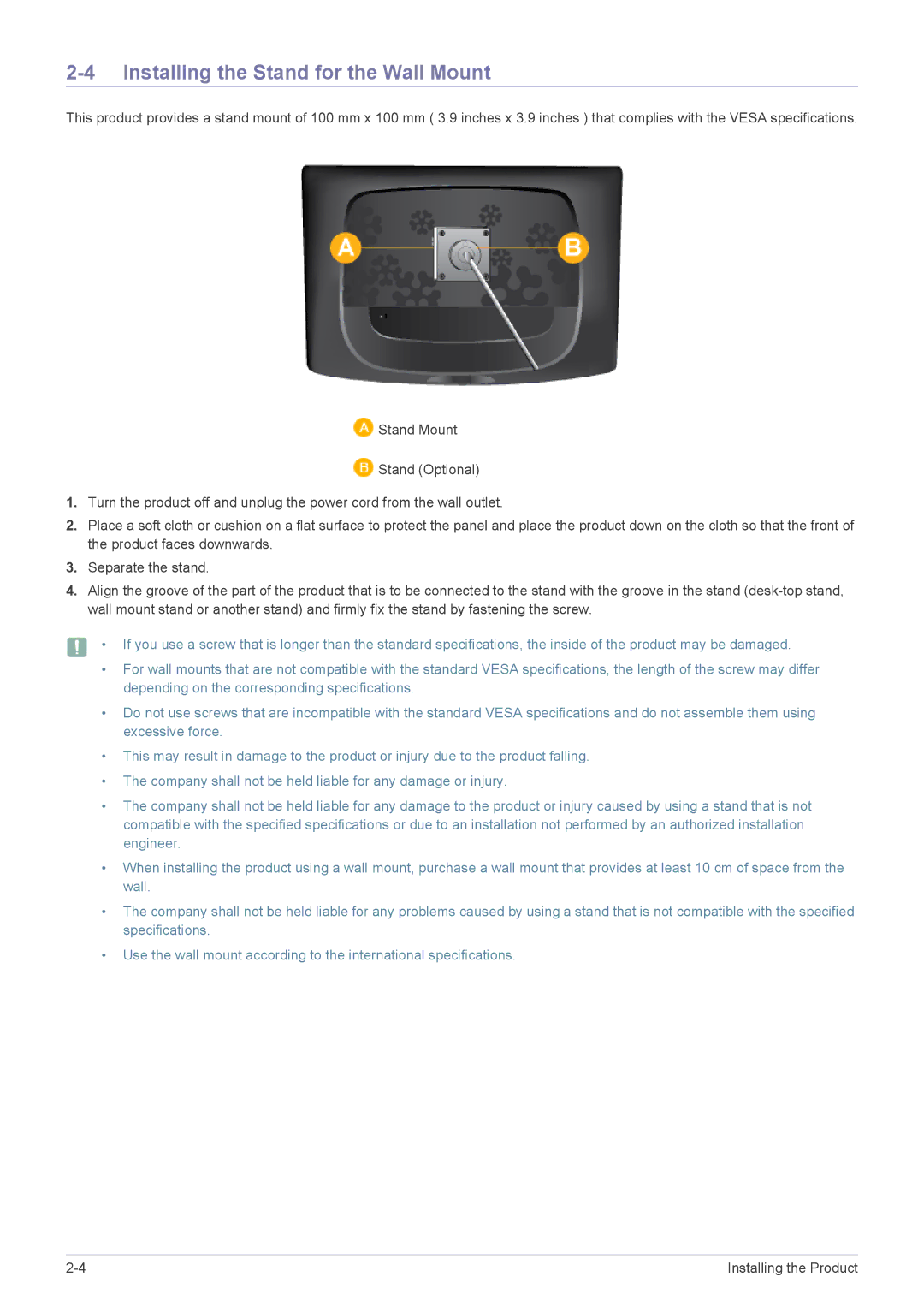 Samsung 2333TN user manual Installing the Stand for the Wall Mount 