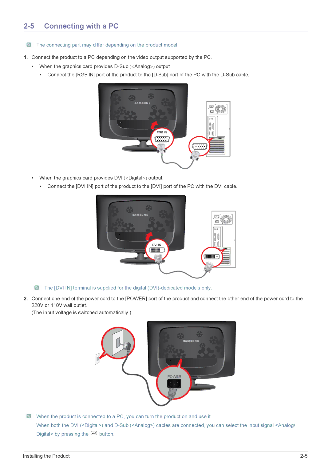 Samsung 2333TN user manual Connecting with a PC, Connecting part may differ depending on the product model 