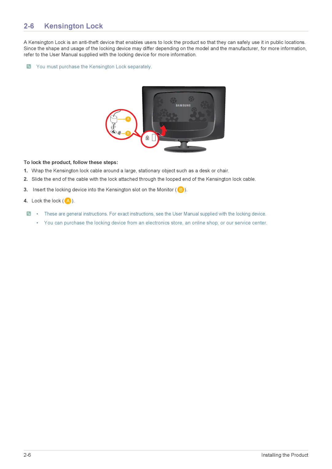 Samsung 2333TN user manual Kensington Lock, To lock the product, follow these steps 