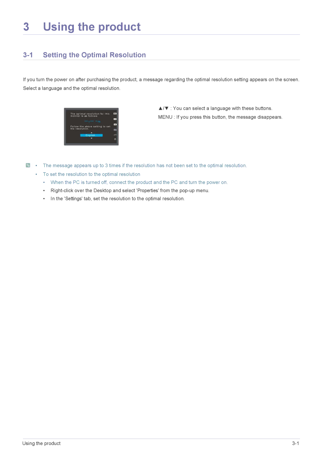 Samsung 2333TN user manual Using the product, Setting the Optimal Resolution 