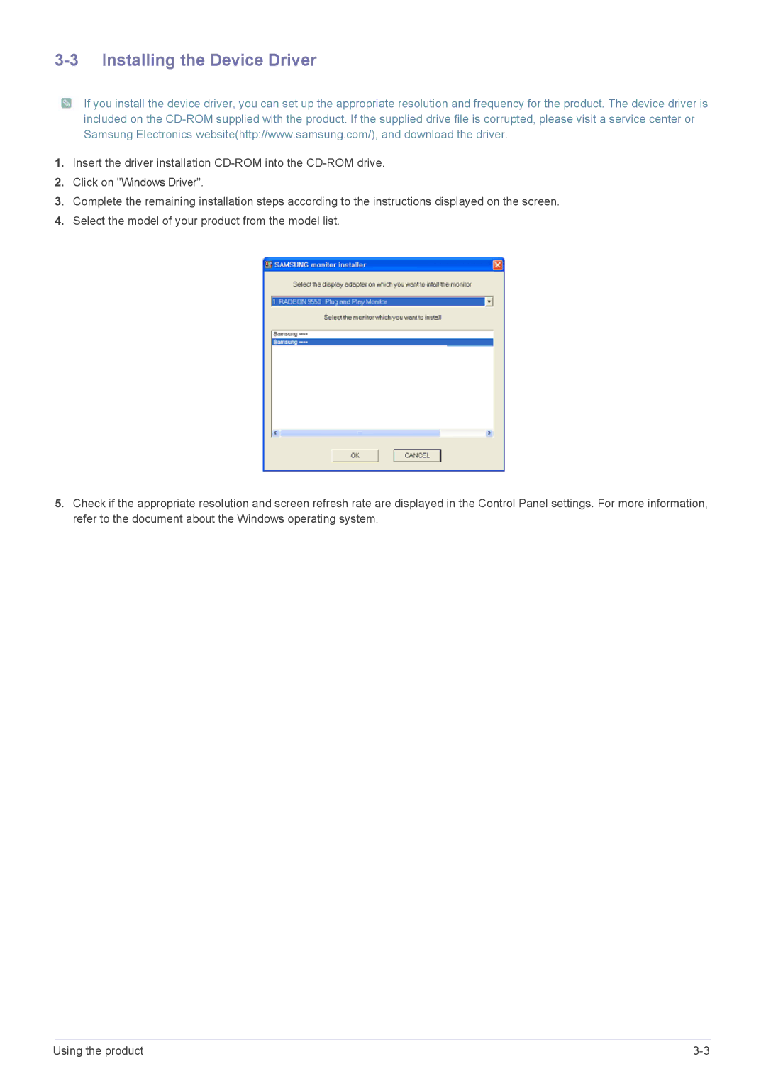 Samsung 2333TN user manual Installing the Device Driver 