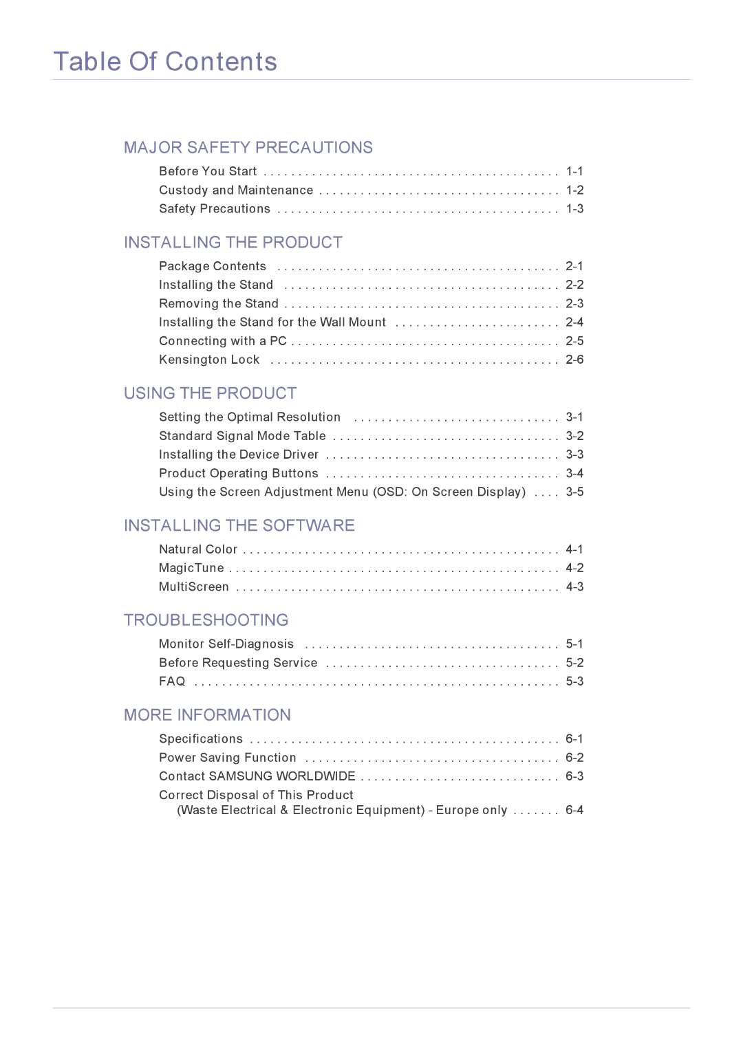 Samsung 2333TN user manual Table Of Contents 