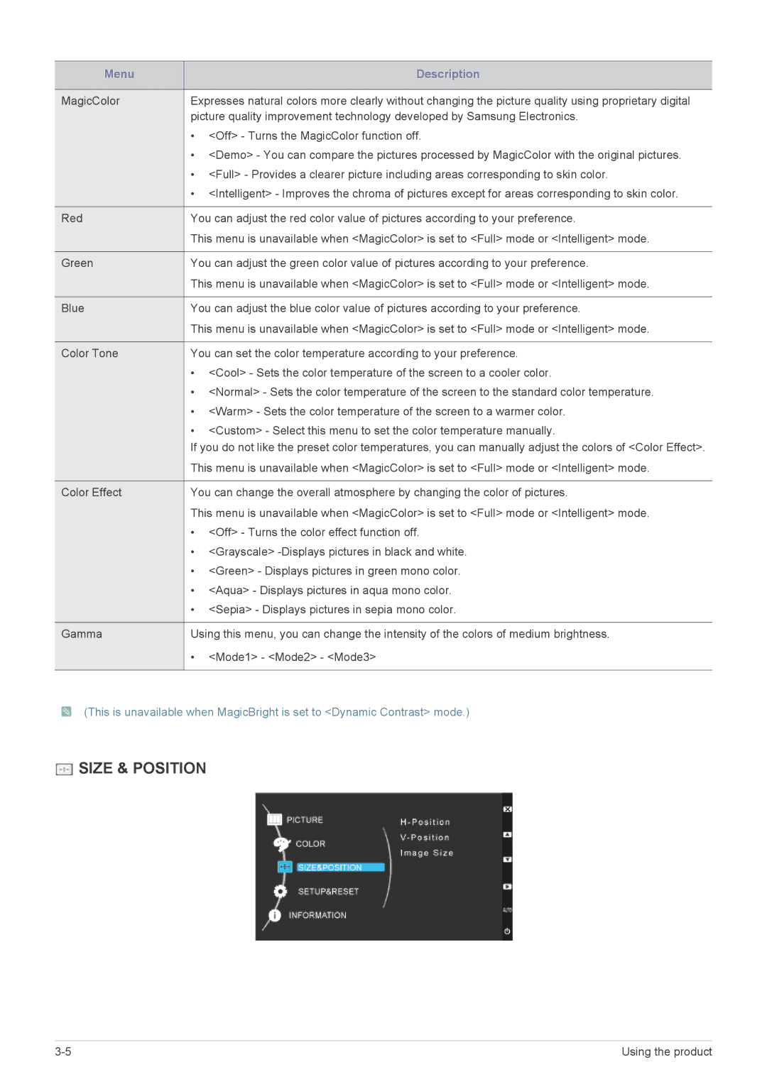 Samsung 2333TN user manual Size & Position 