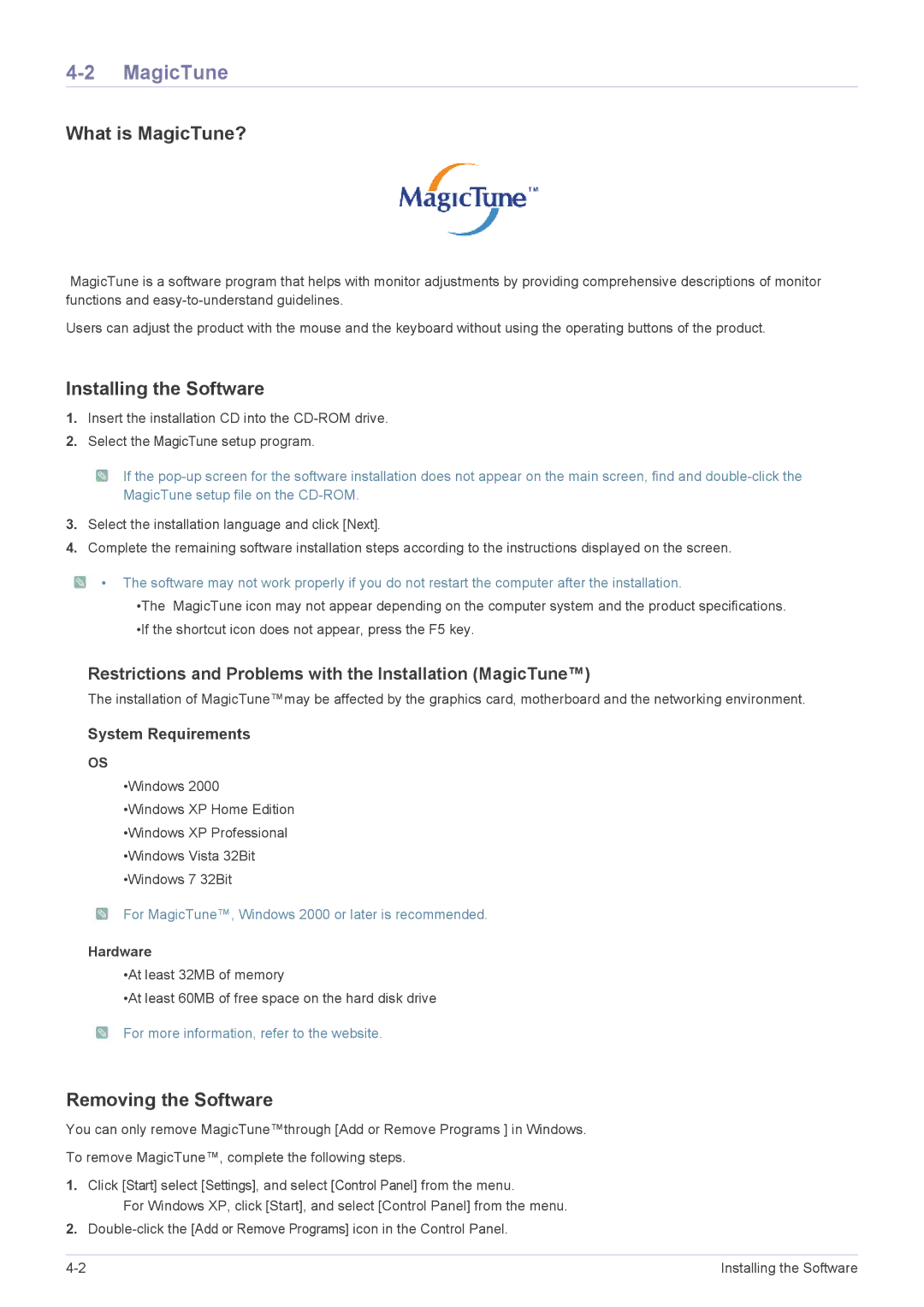 Samsung 2333TN user manual What is MagicTune?, Installing the Software, Removing the Software, Hardware 