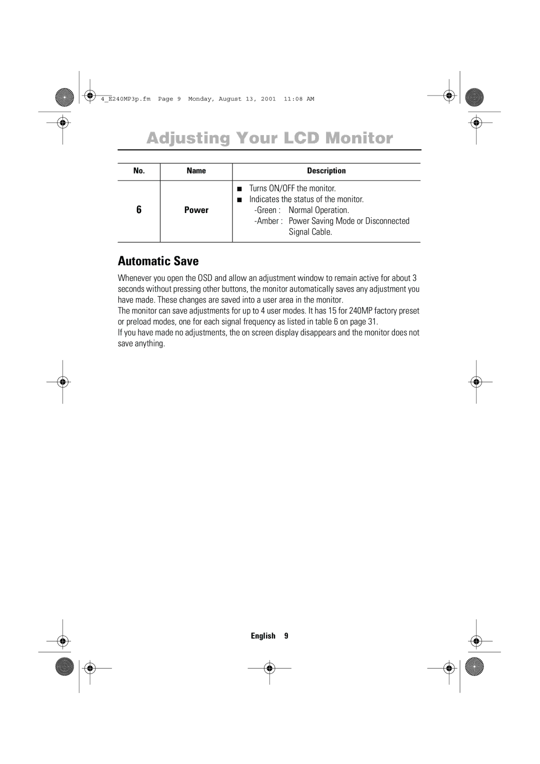 Samsung 240MP manual Automatic Save, Turns ON/OFF the monitor, Indicates the status of the monitor, Green Normal Operation 