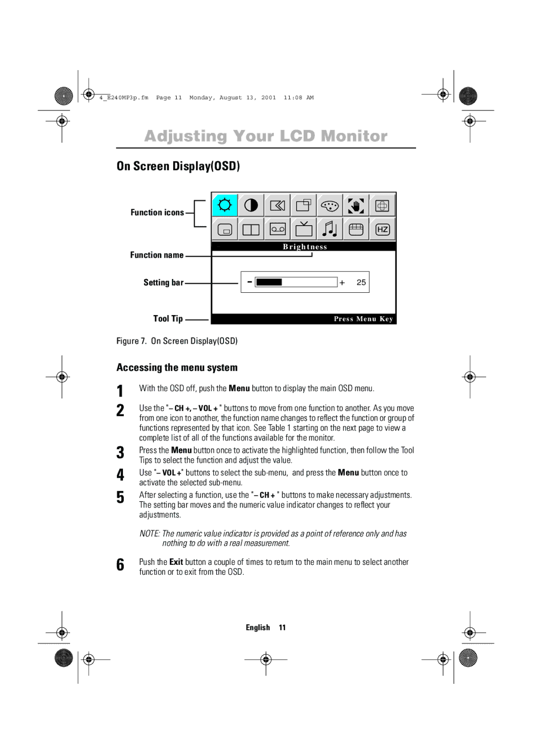 Samsung 240MP manual On Screen DisplayOSD, Function icons Function name, Setting bar Tool Tip, Accessing the menu system 