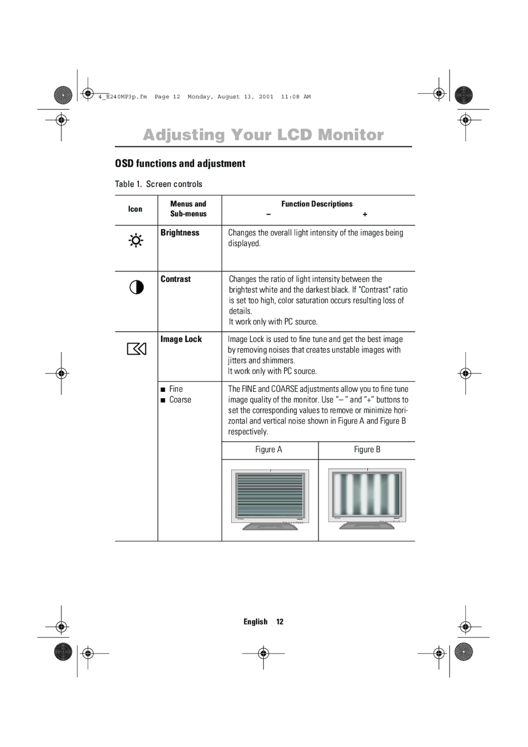 Samsung 240MP manual OSD functions and adjustment, Brightness, Contrast, Image Lock 