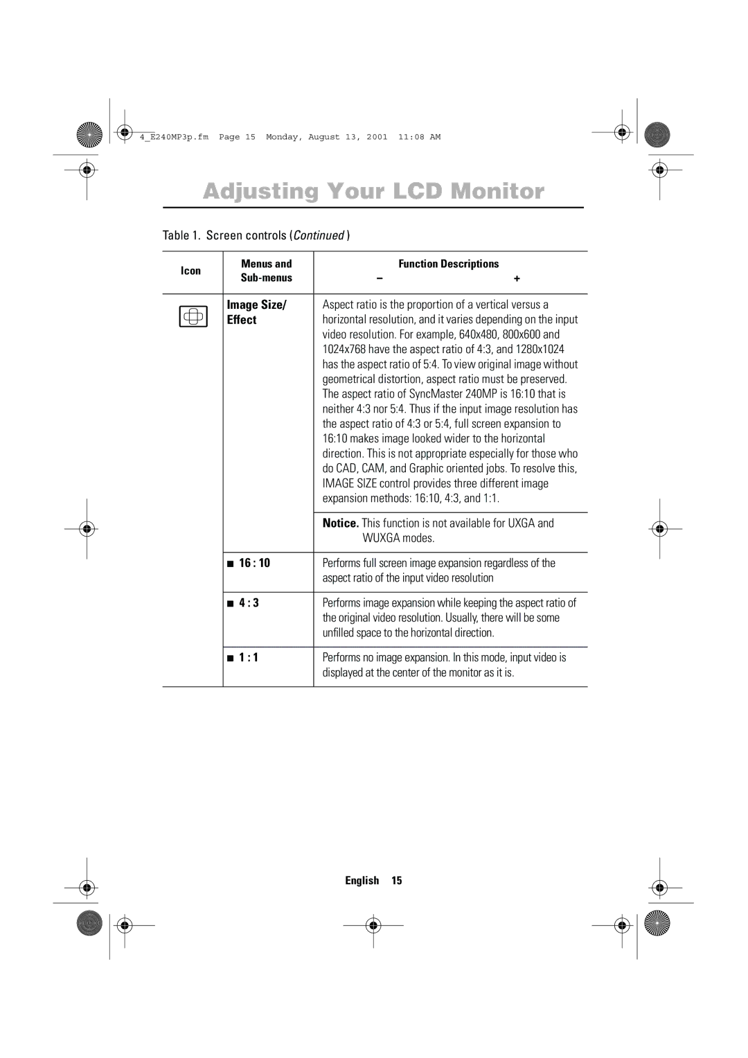 Samsung 240MP manual Image Size, Effect, Wuxga modes, Displayed at the center of the monitor as it is 