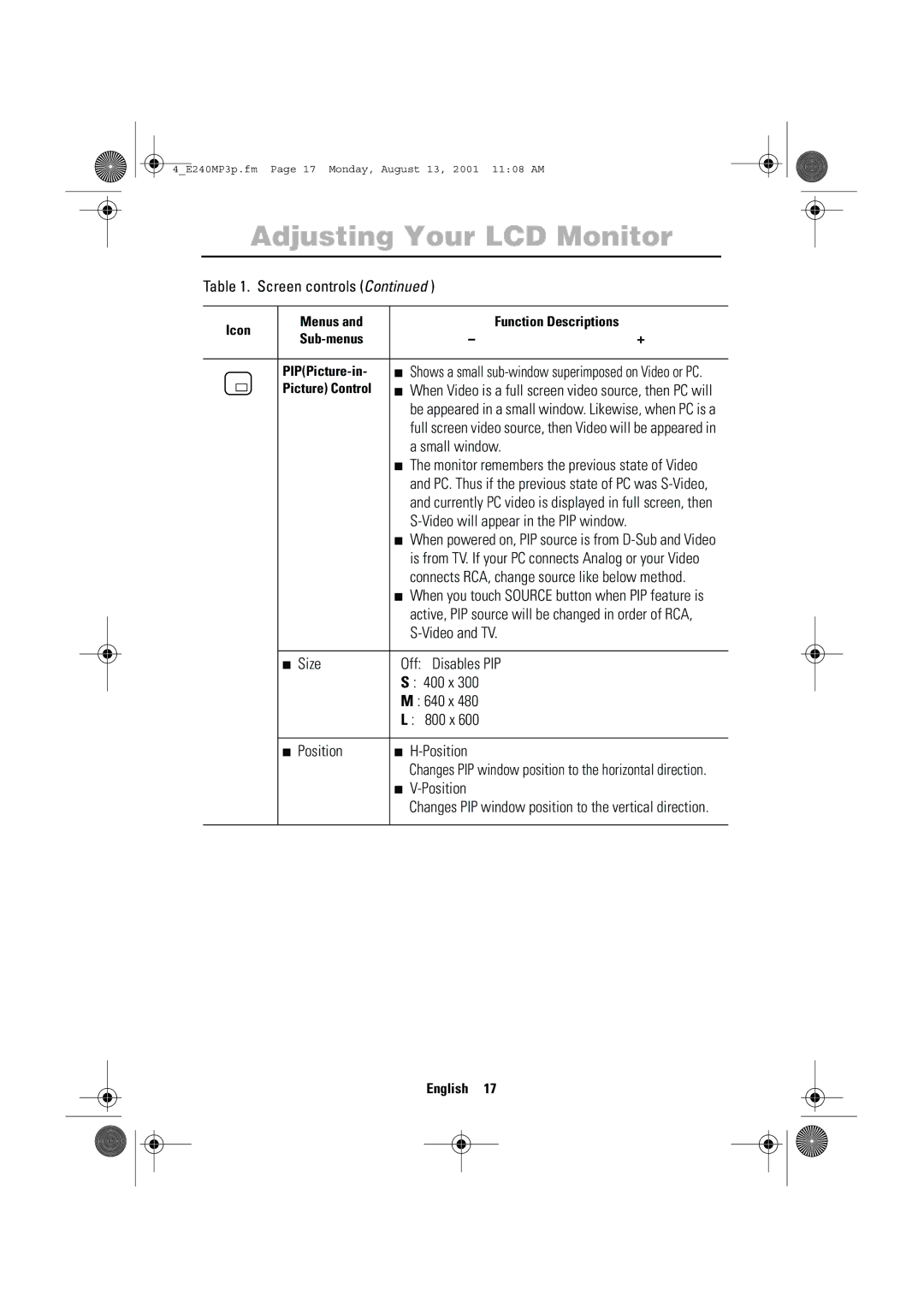 Samsung 240MP manual Small window, Picture Control 