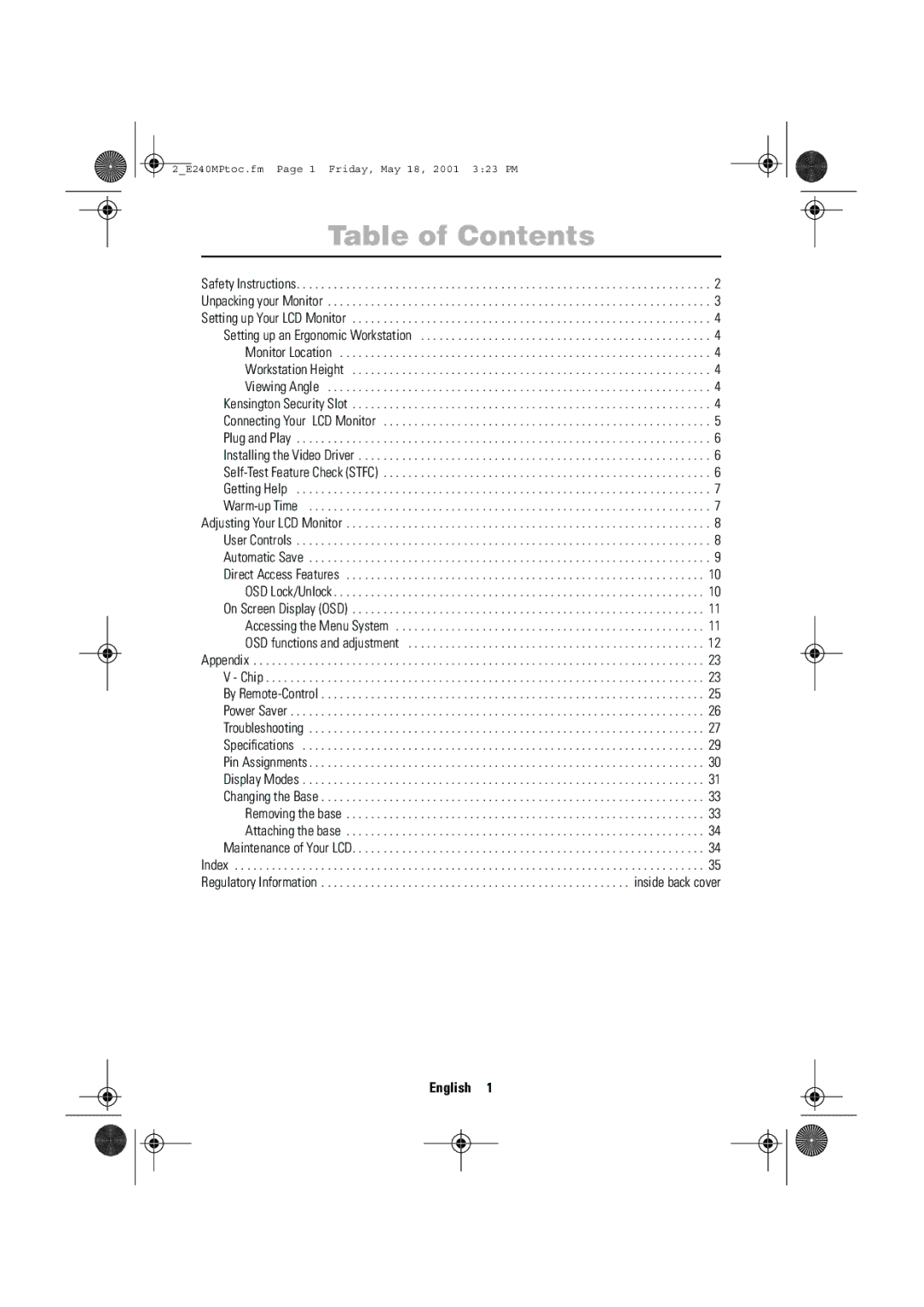 Samsung 240MP manual Table of Contents 