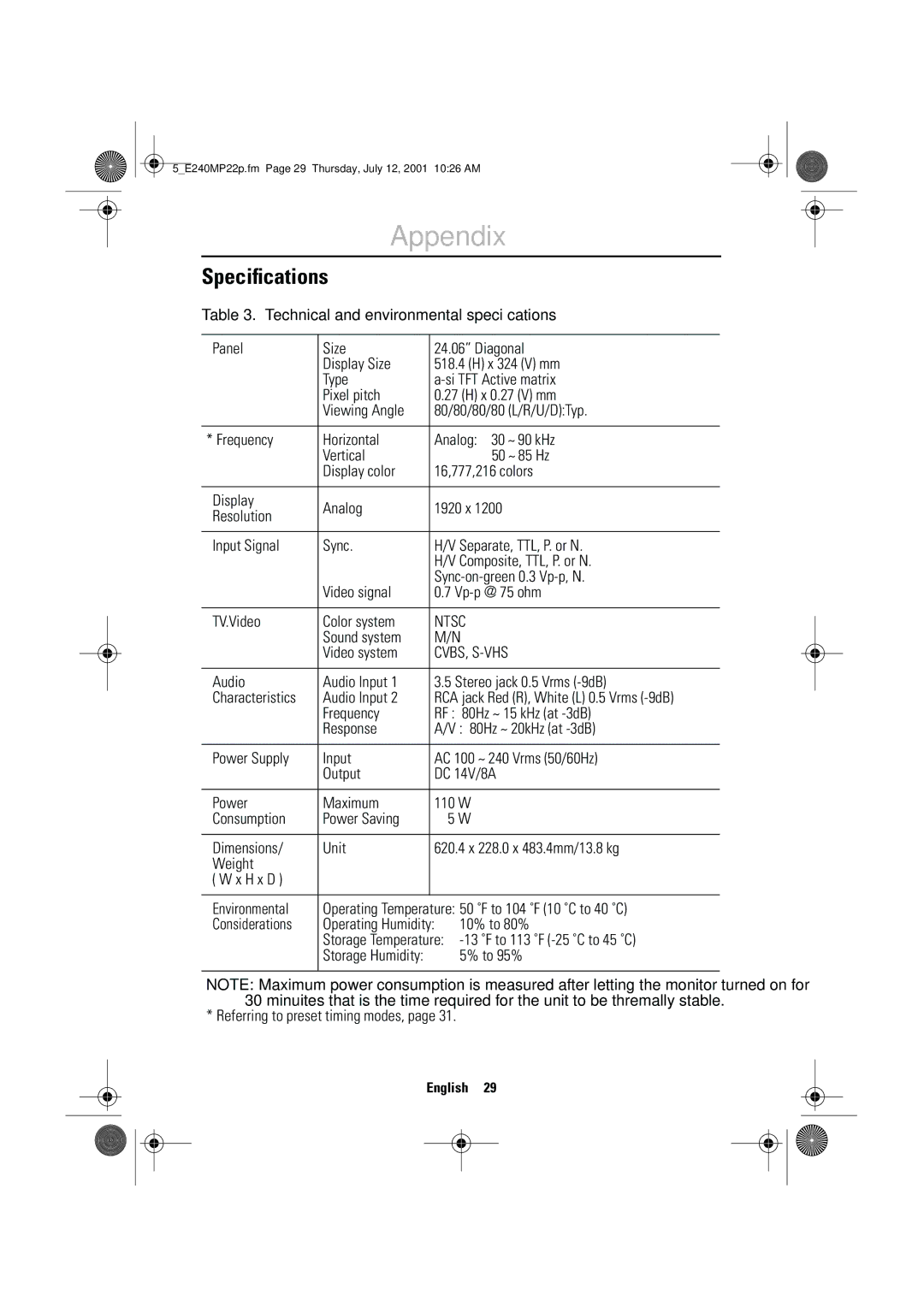 Samsung 240MP manual Speciﬁcations 