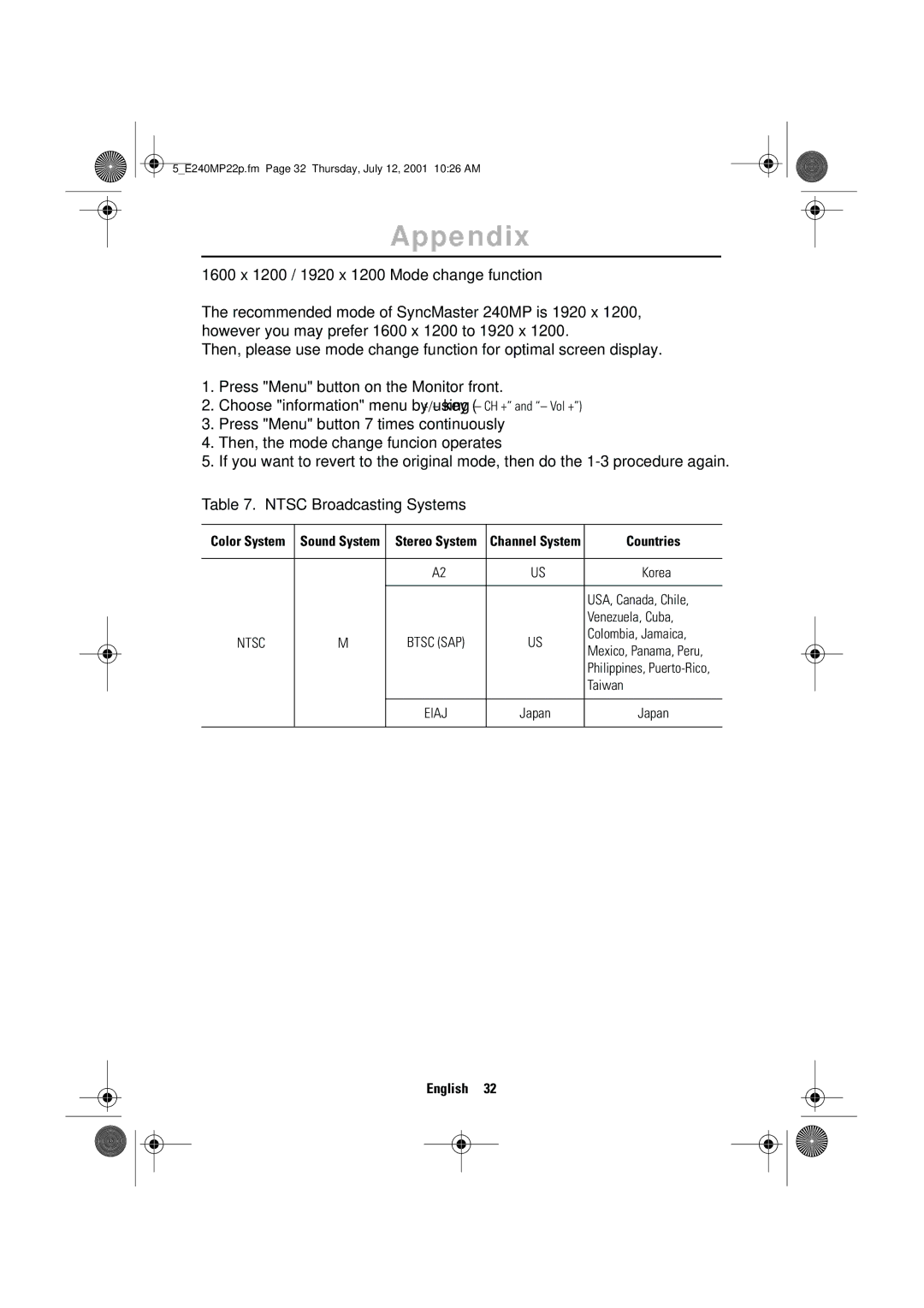 Samsung 240MP manual 1600 x 1200 / 1920 x 1200 Mode change function, Ntsc Broadcasting Systems 