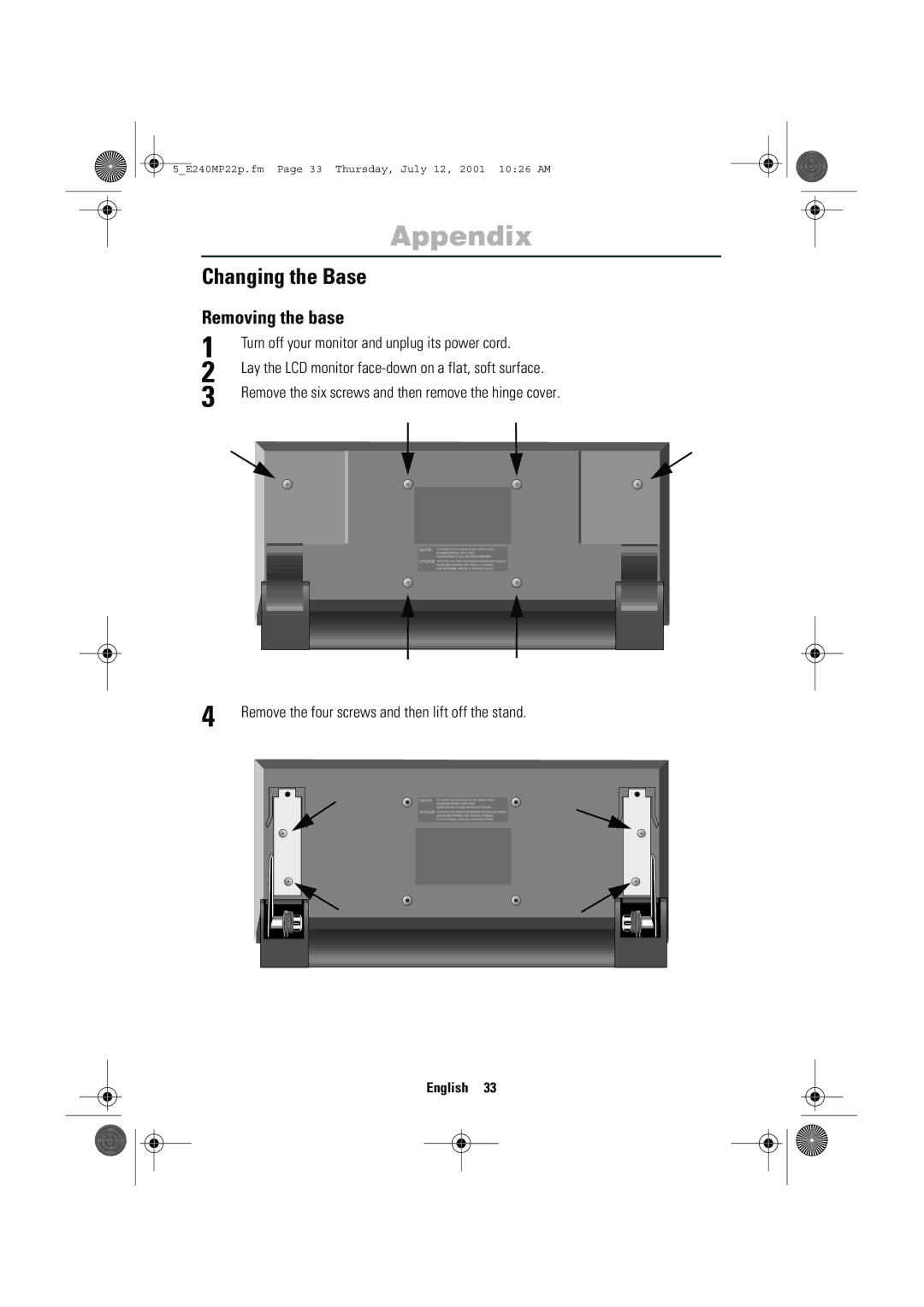 Samsung 240MP manual Changing the Base, Removing the base, Turn off your monitor and unplug its power cord 