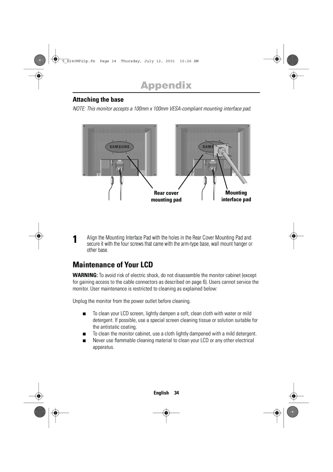 Samsung 240MP manual Maintenance of Your LCD, Attaching the base 