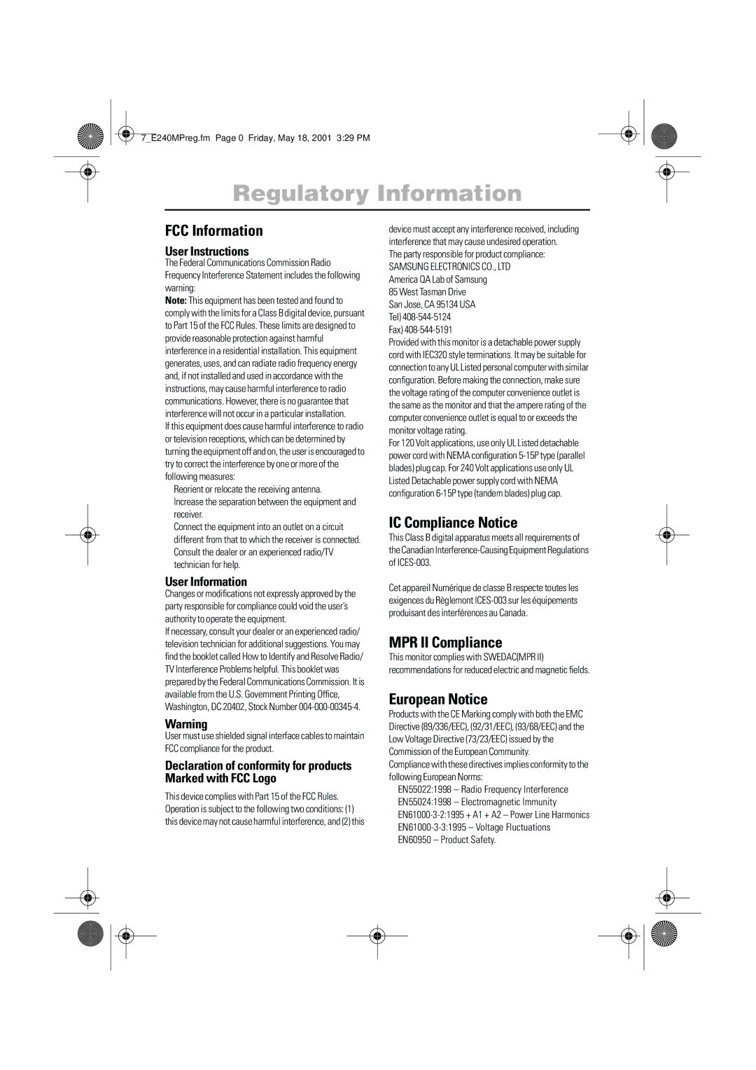 Samsung 240MP manual Regulatory Information, FCC Information, IC Compliance Notice, MPR II Compliance, European Notice 