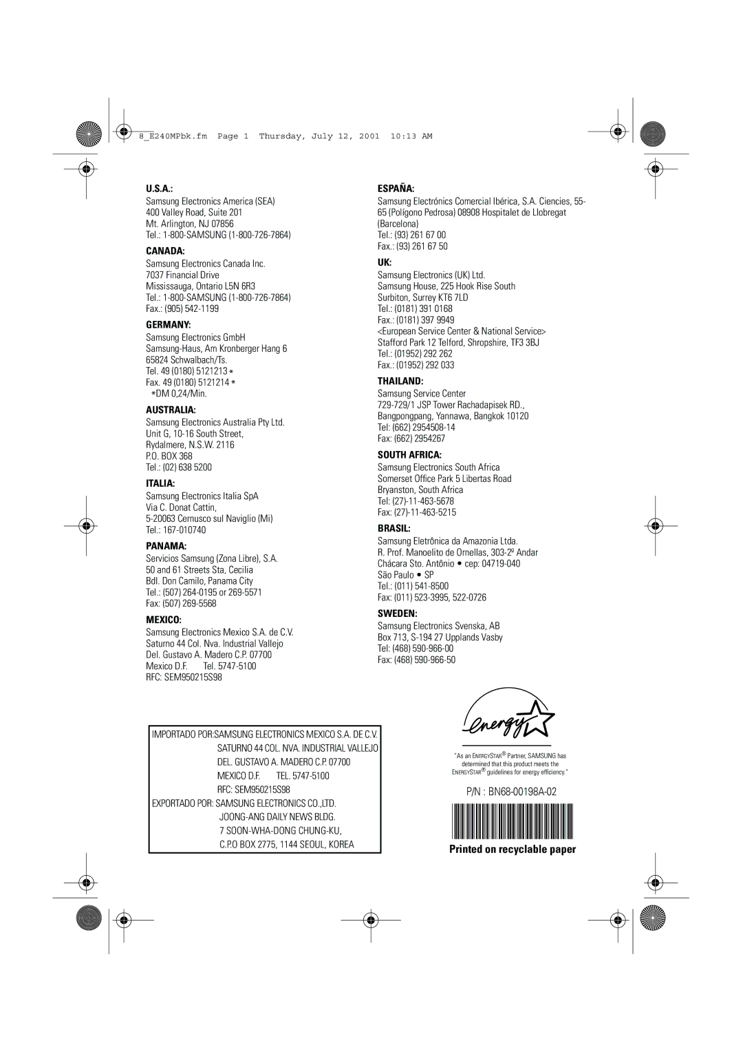 Samsung 240MP manual Printed on recyclable paper 