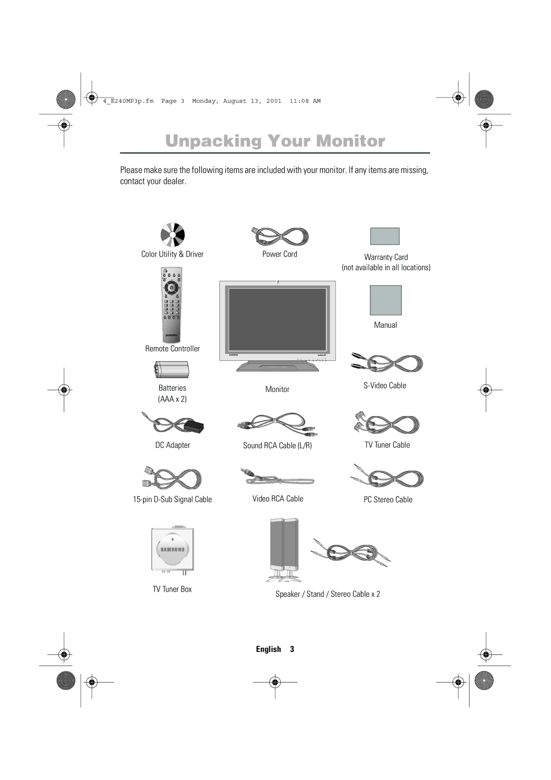 Samsung 240MP manual Unpacking Your Monitor, English 