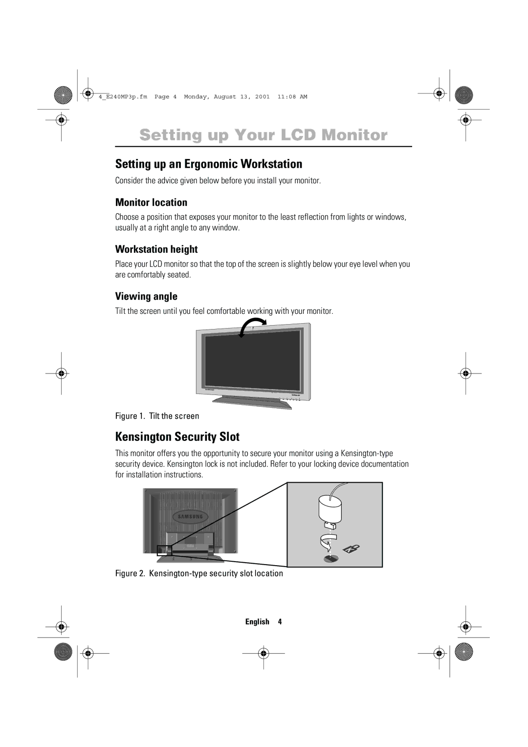 Samsung 240MP manual Setting up Your LCD Monitor, Setting up an Ergonomic Workstation, Kensington Security Slot 