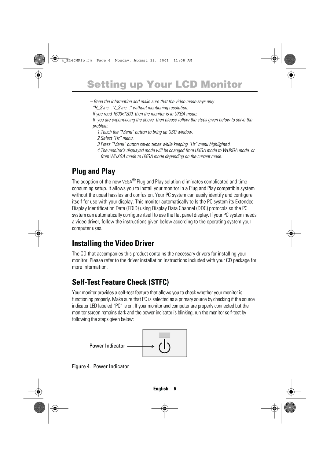 Samsung 240MP manual Plug and Play, Installing the Video Driver, Self-Test Feature Check Stfc, Power Indicator 