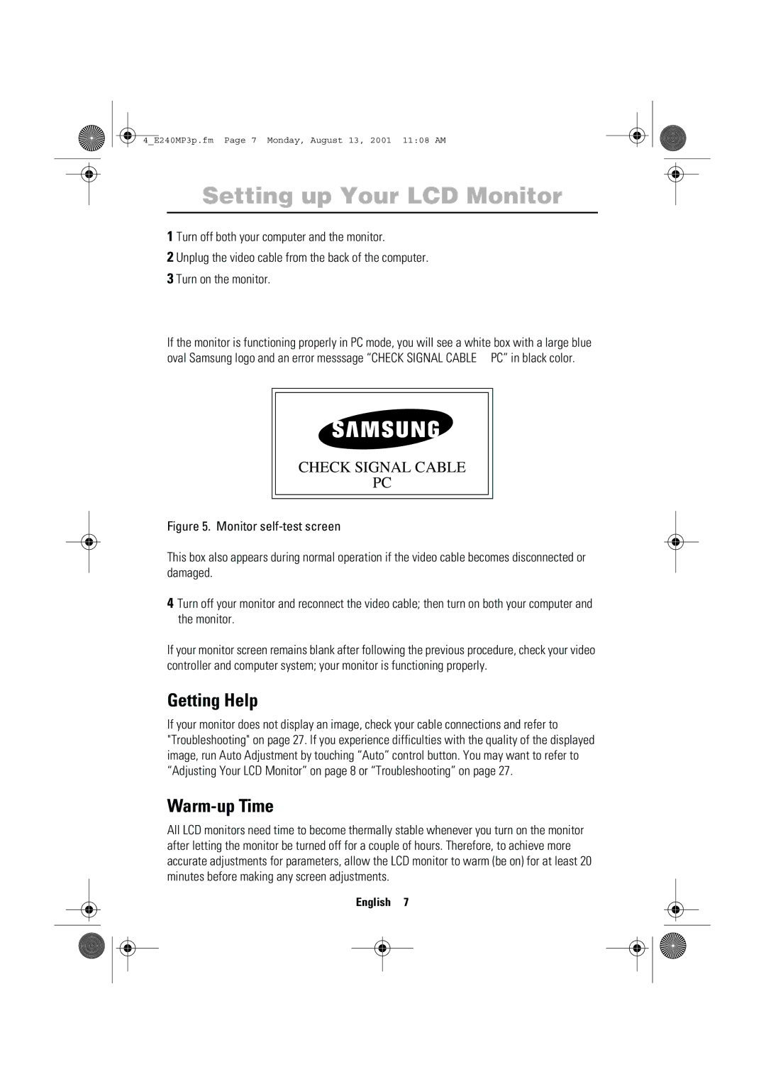 Samsung 240MP manual Getting Help, Warm-up Time 