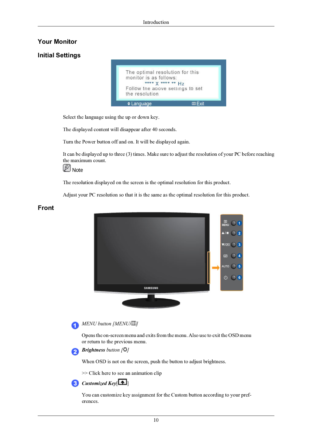 Samsung 2433BW user manual Your Monitor Initial Settings, Front 