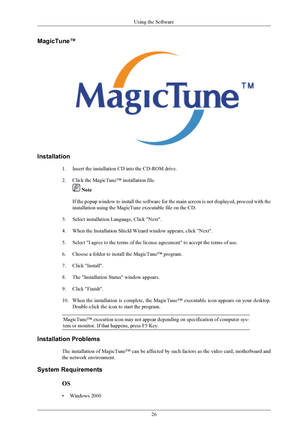 Samsung 2433BW user manual MagicTune Installation, Installation Problems, System Requirements 