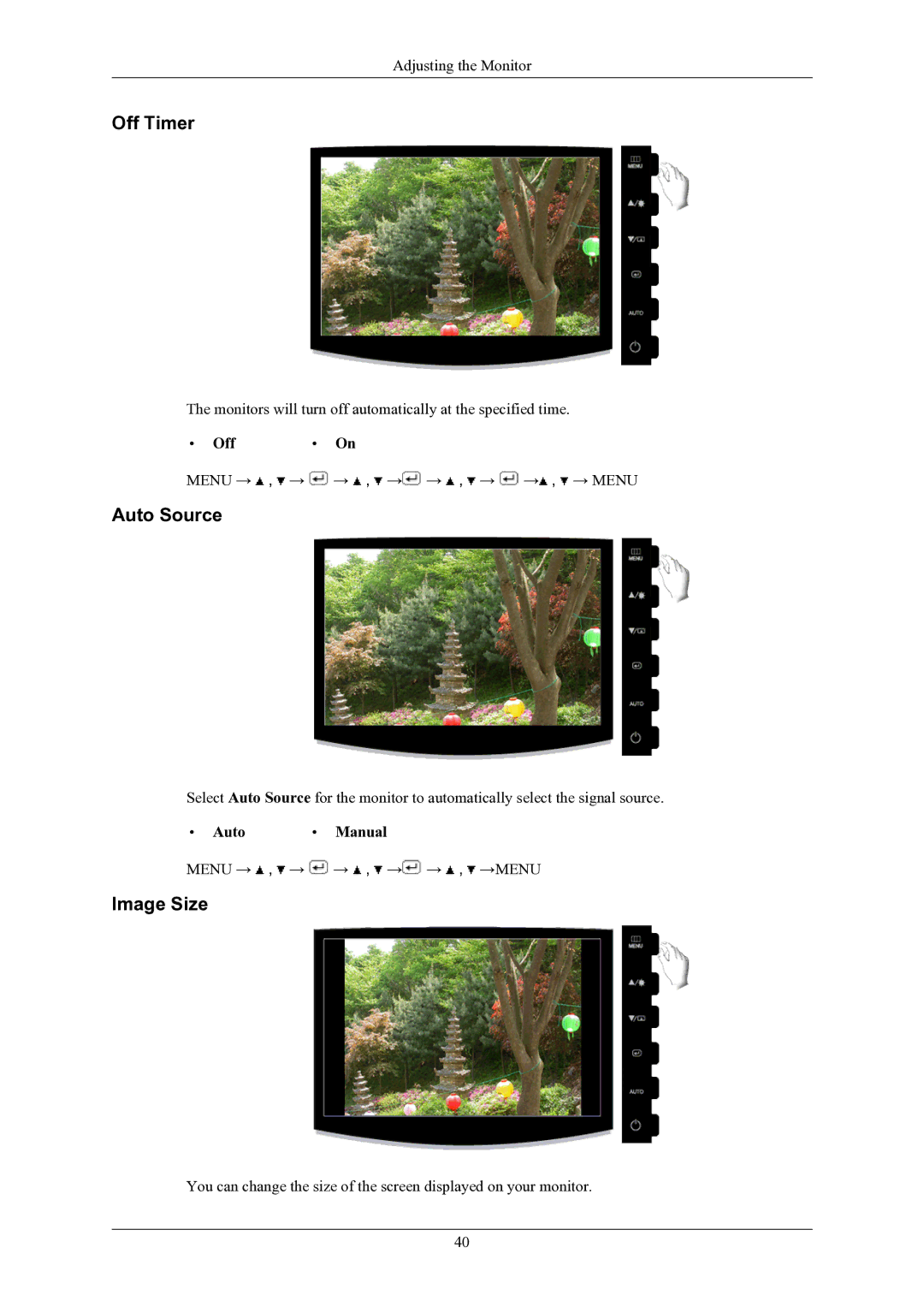 Samsung 2433BW user manual Off Timer, Auto Source, Image Size, Off On, Auto Manual 