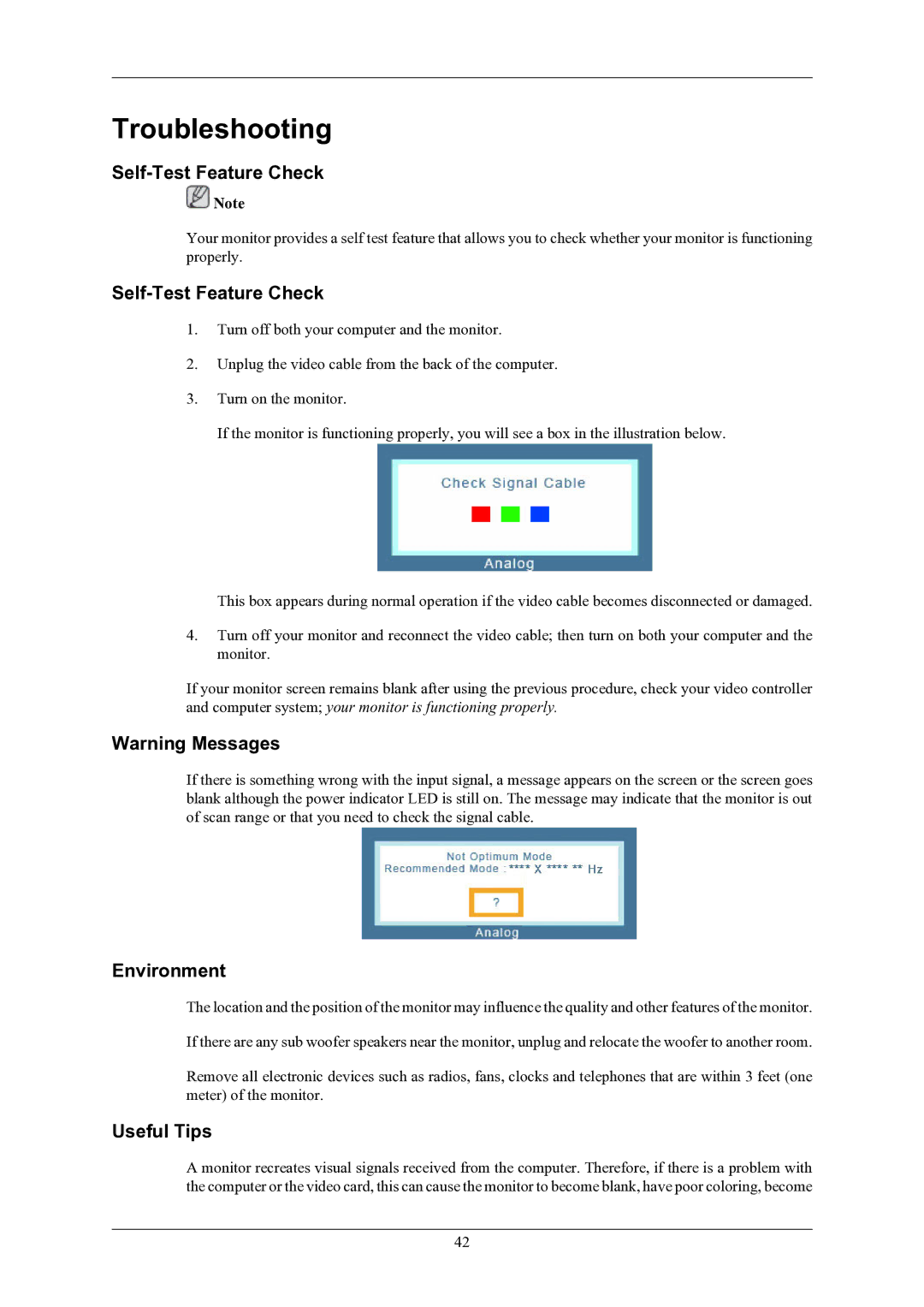 Samsung 2433BW user manual Troubleshooting, Self-Test Feature Check, Environment, Useful Tips 