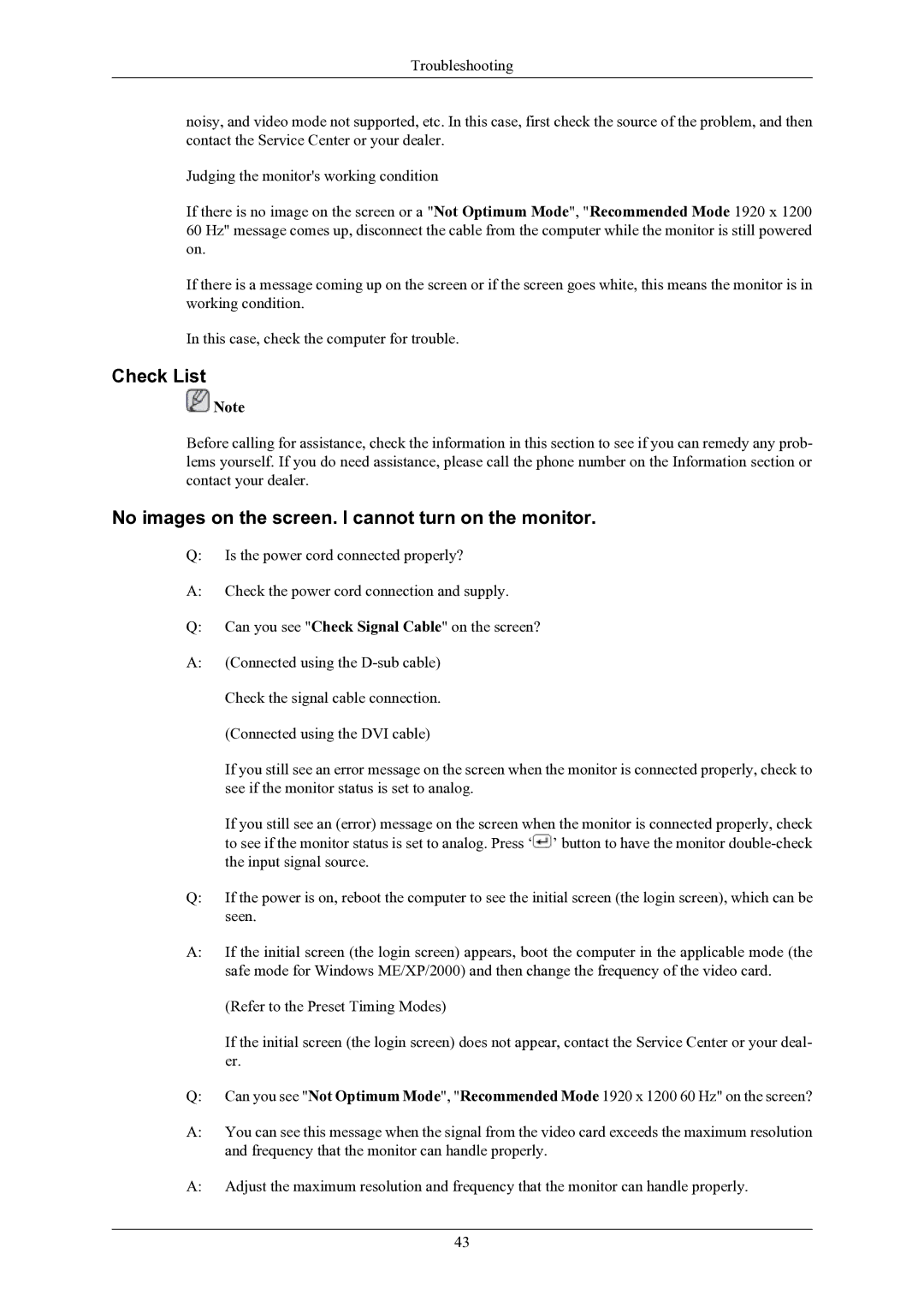 Samsung 2433BW user manual Check List, No images on the screen. I cannot turn on the monitor 