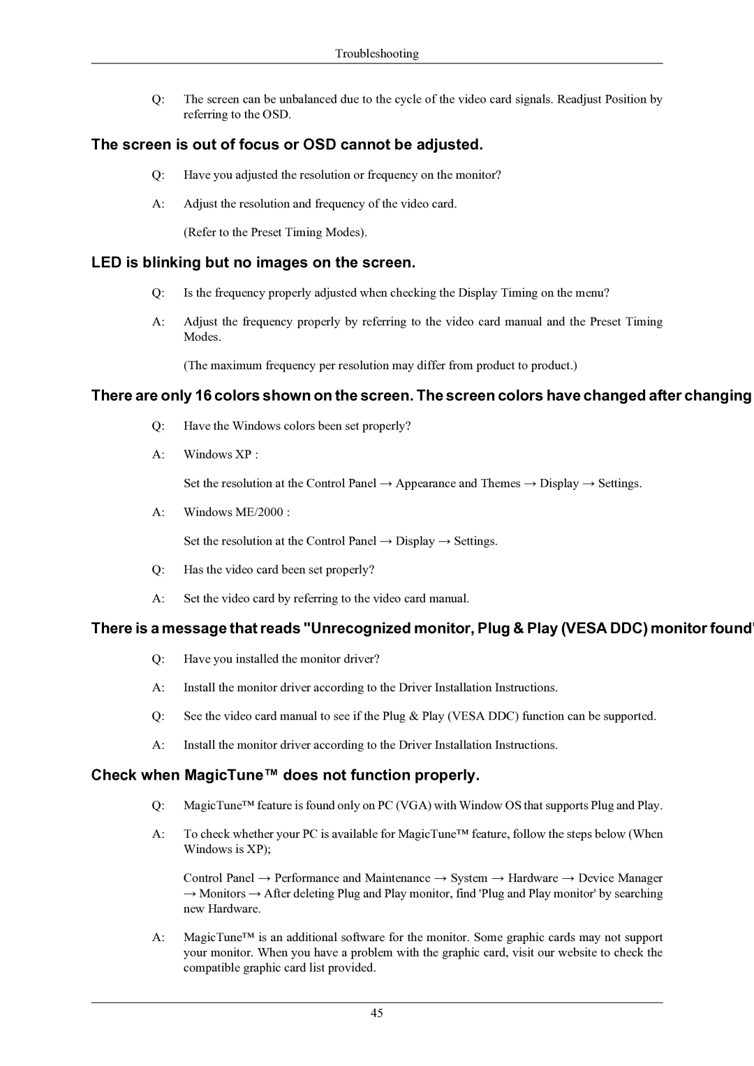 Samsung 2433BW user manual Screen is out of focus or OSD cannot be adjusted, LED is blinking but no images on the screen 