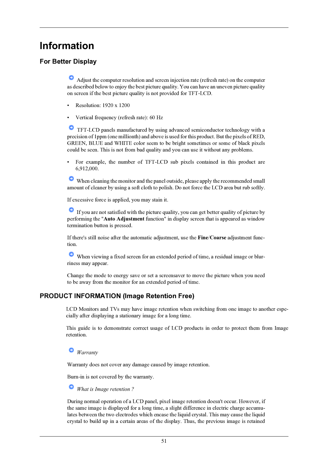 Samsung 2433BW user manual For Better Display, Product Information Image Retention Free 