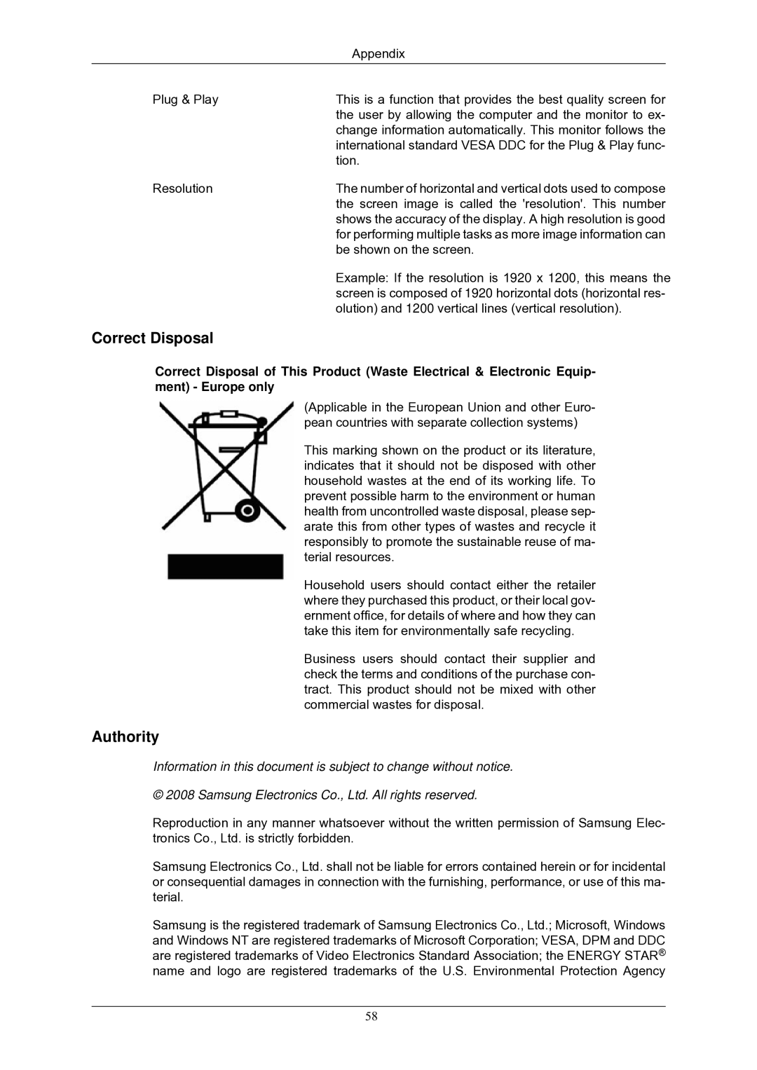 Samsung 2433BW user manual Correct Disposal, Authority 