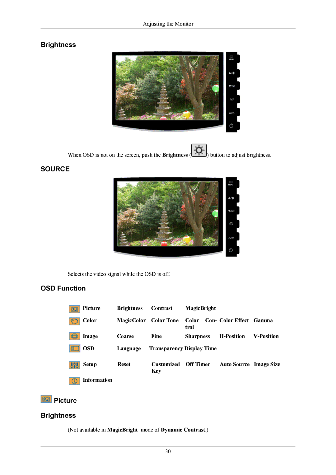 Samsung 2433BW user manual OSD Function, Picture Brightness 