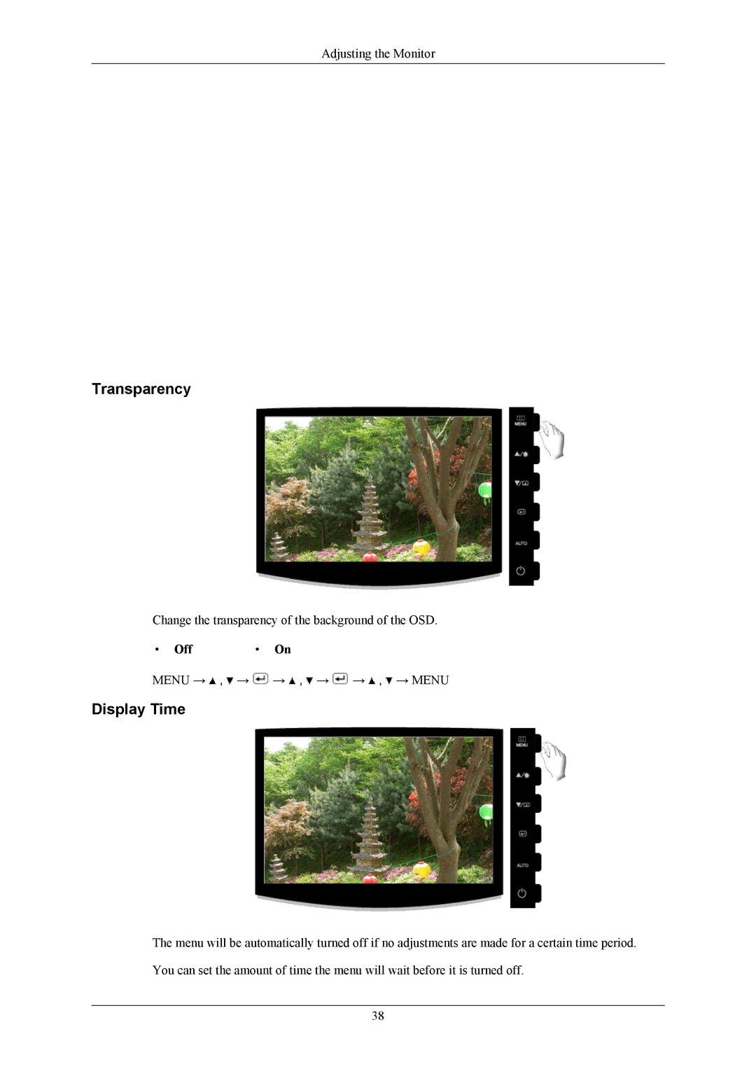 Samsung 2433BW user manual Transparency, Display Time, Off 