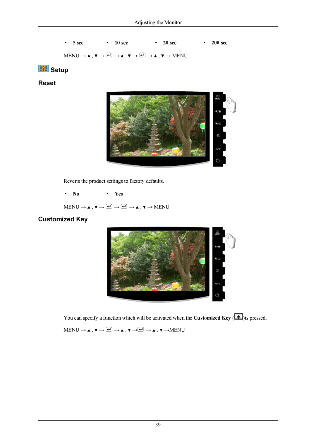 Samsung 2433BW user manual Setup Reset, Sec 10 sec 20 sec 200 sec, Yes 