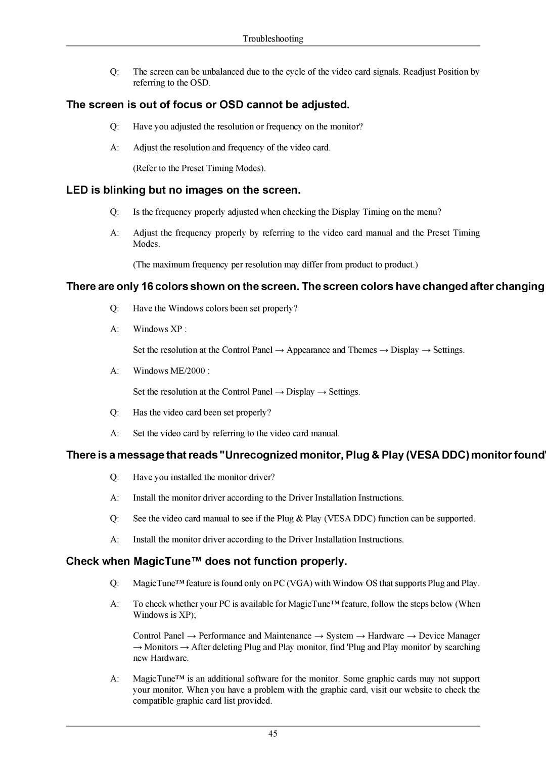 Samsung 2433BW user manual Screen is out of focus or OSD cannot be adjusted, LED is blinking but no images on the screen 