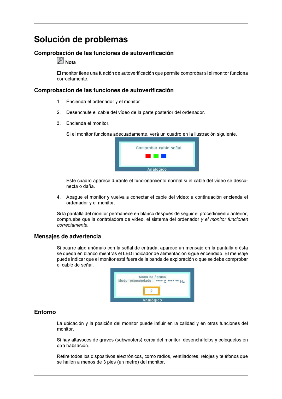 Samsung 2433BW quick start Comprobación de las funciones de autoverificación, Mensajes de advertencia, Entorno 