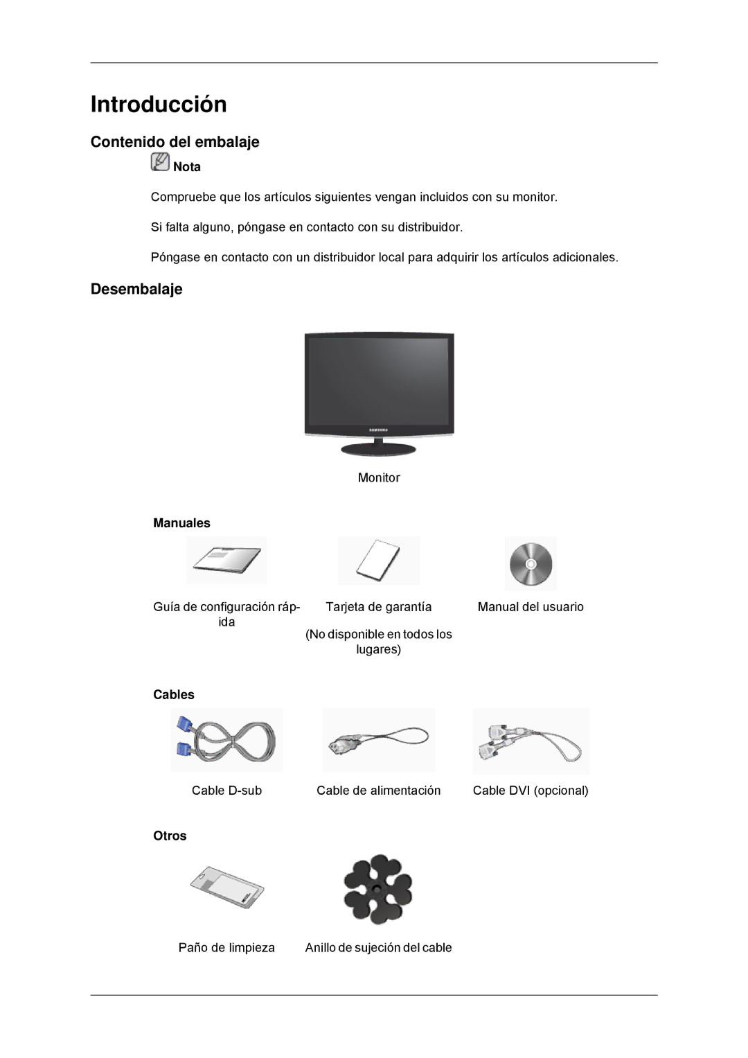 Samsung 2433BW quick start Contenido del embalaje, Desembalaje 