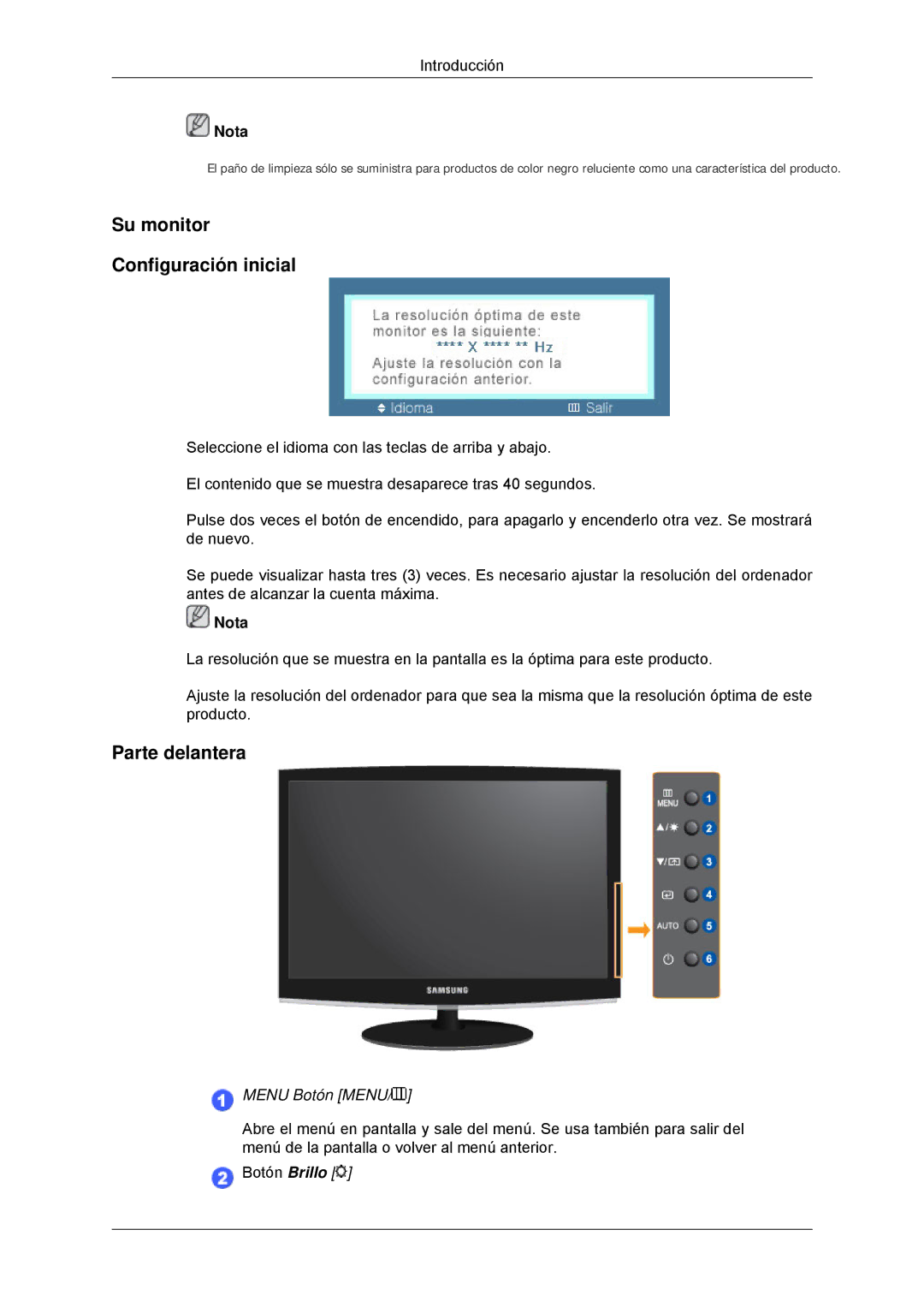 Samsung 2433BW quick start Su monitor Configuración inicial, Parte delantera 