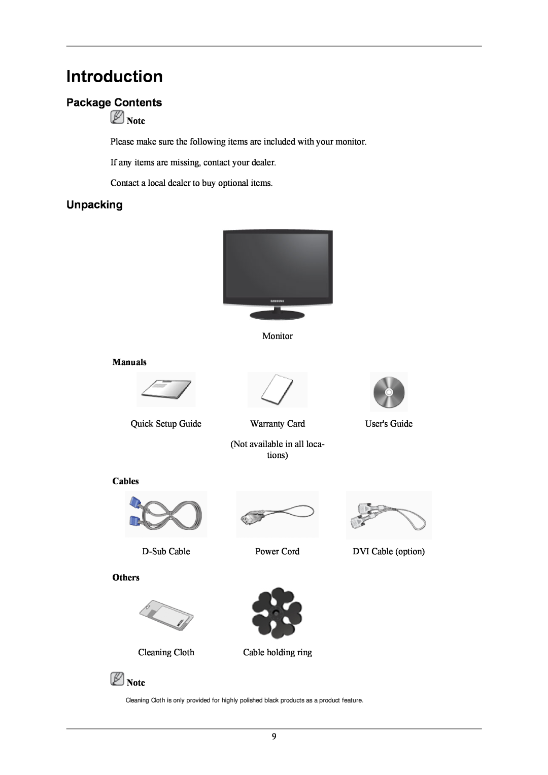 Samsung 2433BW user manual Introduction, Package Contents, Unpacking 