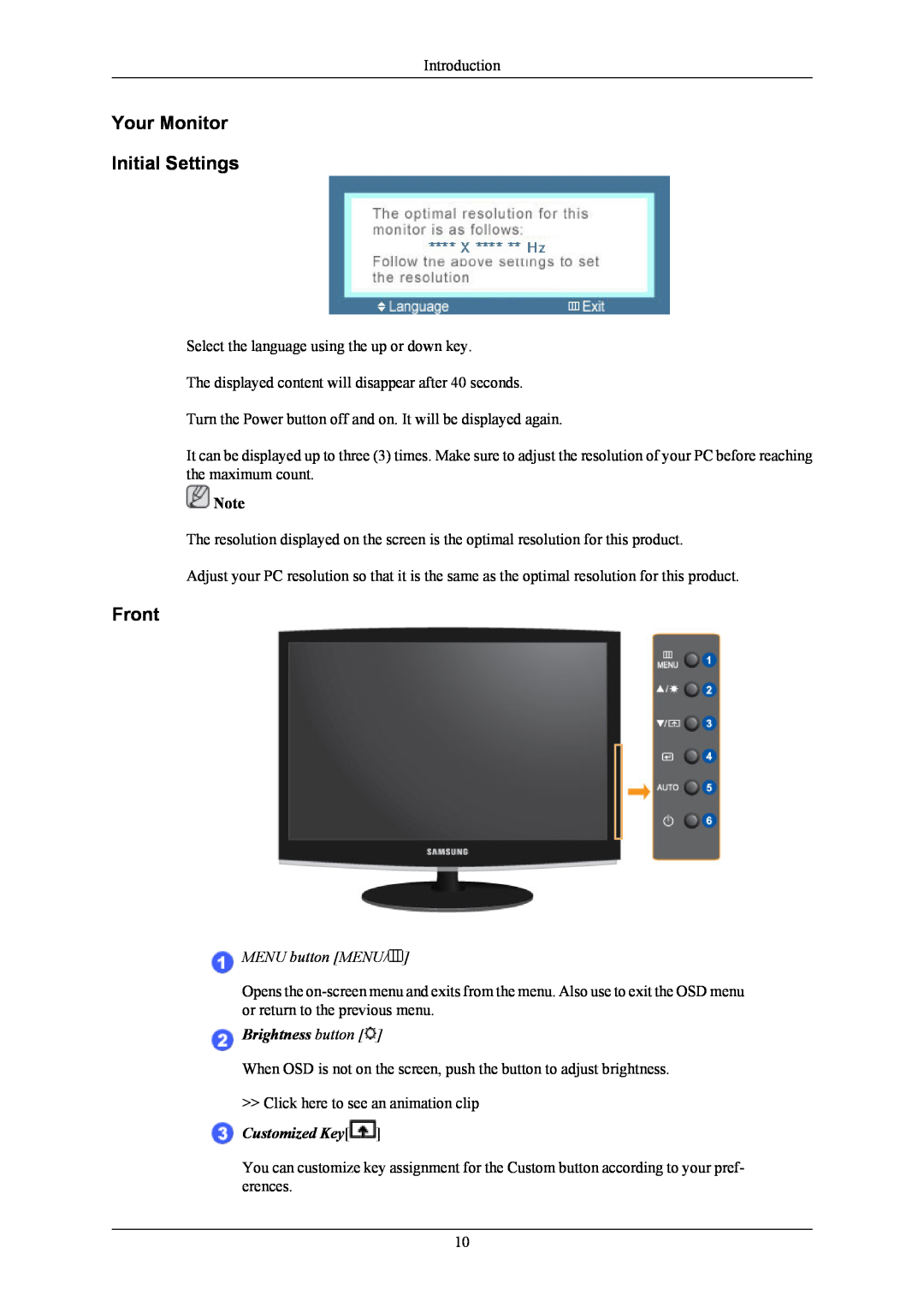Samsung 2433BW user manual Your Monitor Initial Settings, Front, MENU button MENU, Brightness button, Customized Key 
