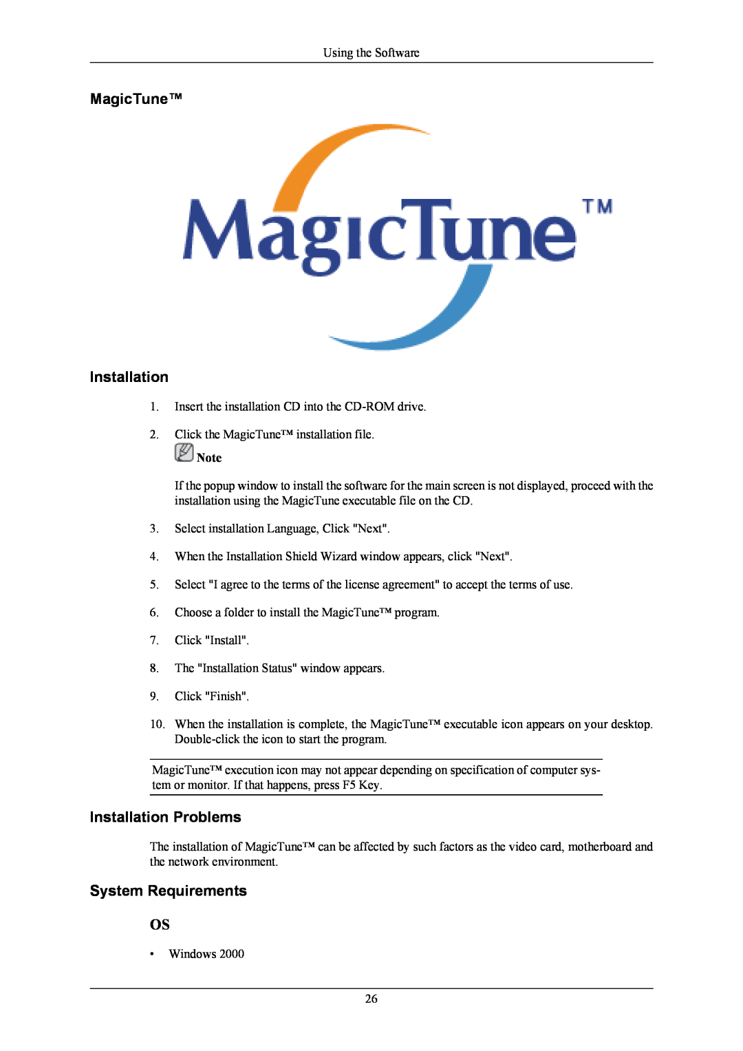 Samsung 2433BW user manual MagicTune Installation, Installation Problems, System Requirements 