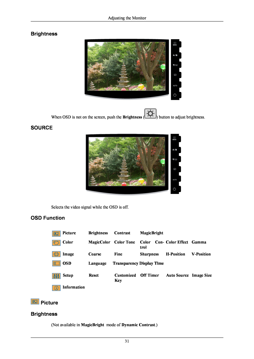 Samsung 2433BW user manual Source, OSD Function, Picture Brightness 