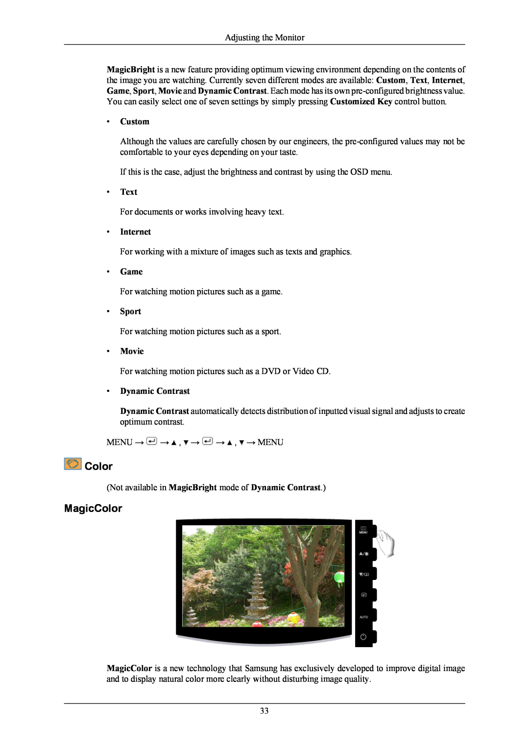 Samsung 2433BW user manual MagicColor, Custom, Text, Internet, Game, Sport, Movie, Dynamic Contrast 