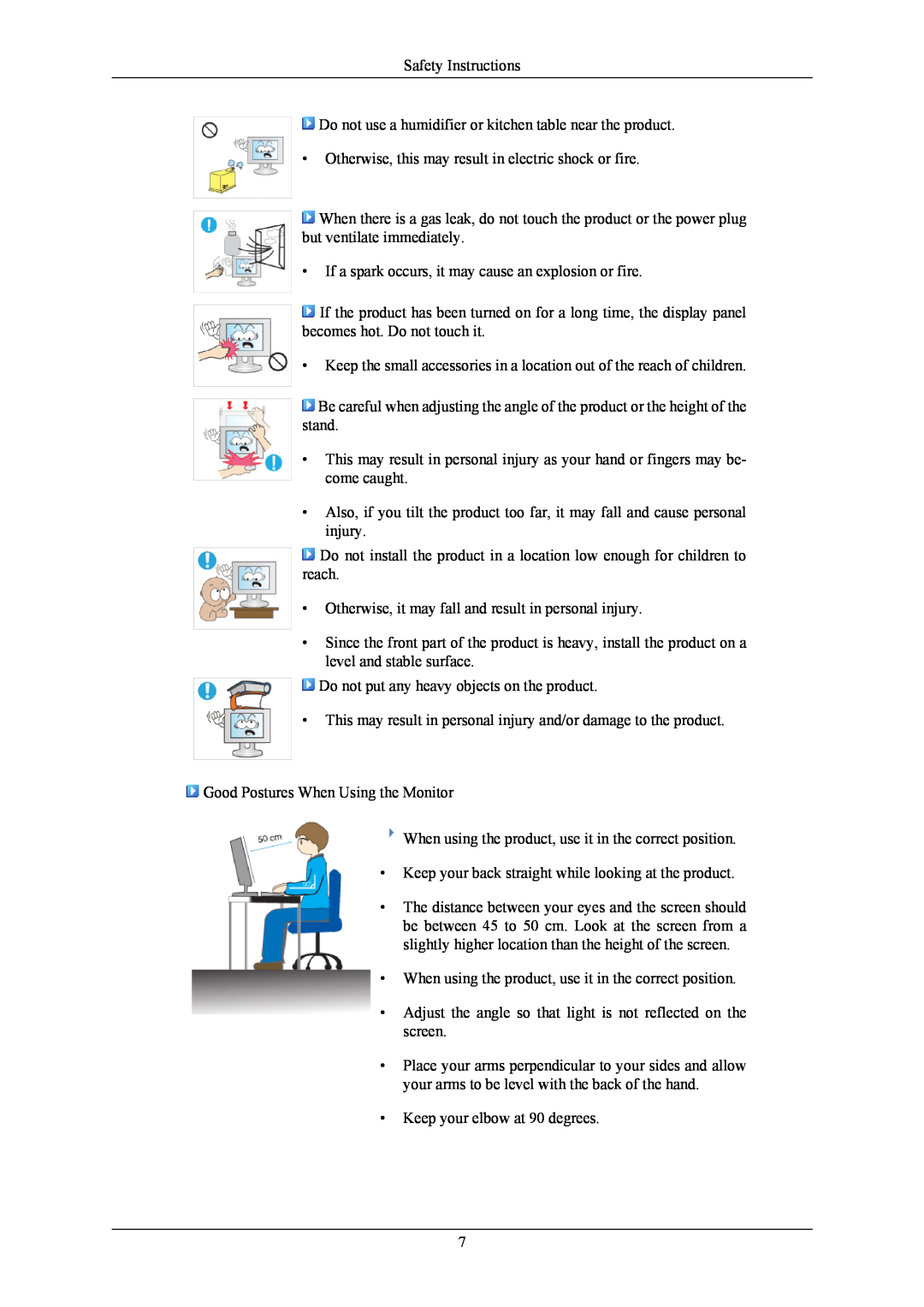 Samsung 2433BW user manual Safety Instructions, Do not use a humidifier or kitchen table near the product 