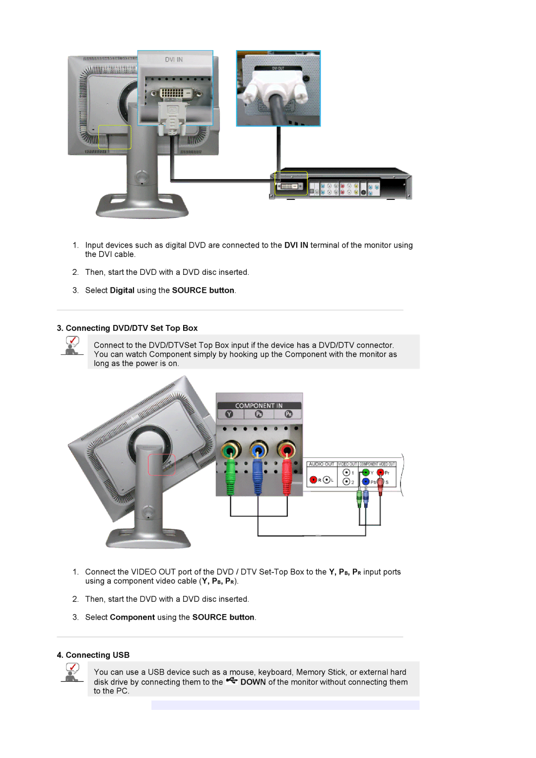 Samsung 244T manual Select Component using the Source button Connecting USB 