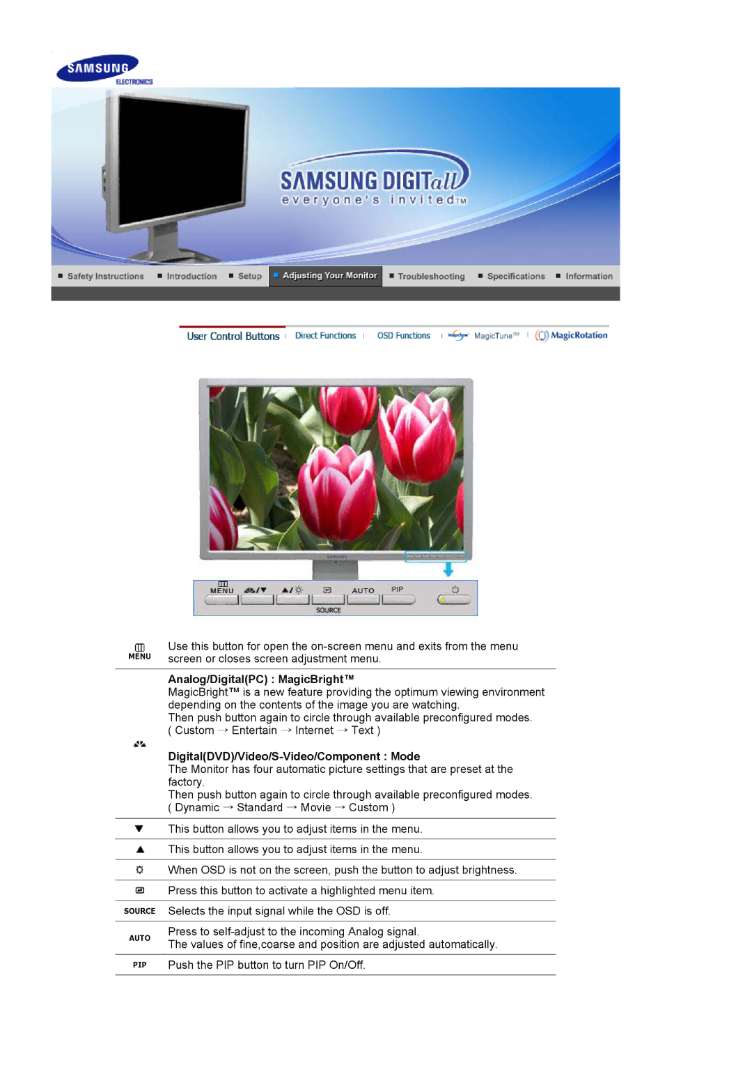 Samsung 244T manual Analog/DigitalPC MagicBright, DigitalDVD/Video/S-Video/Component Mode 