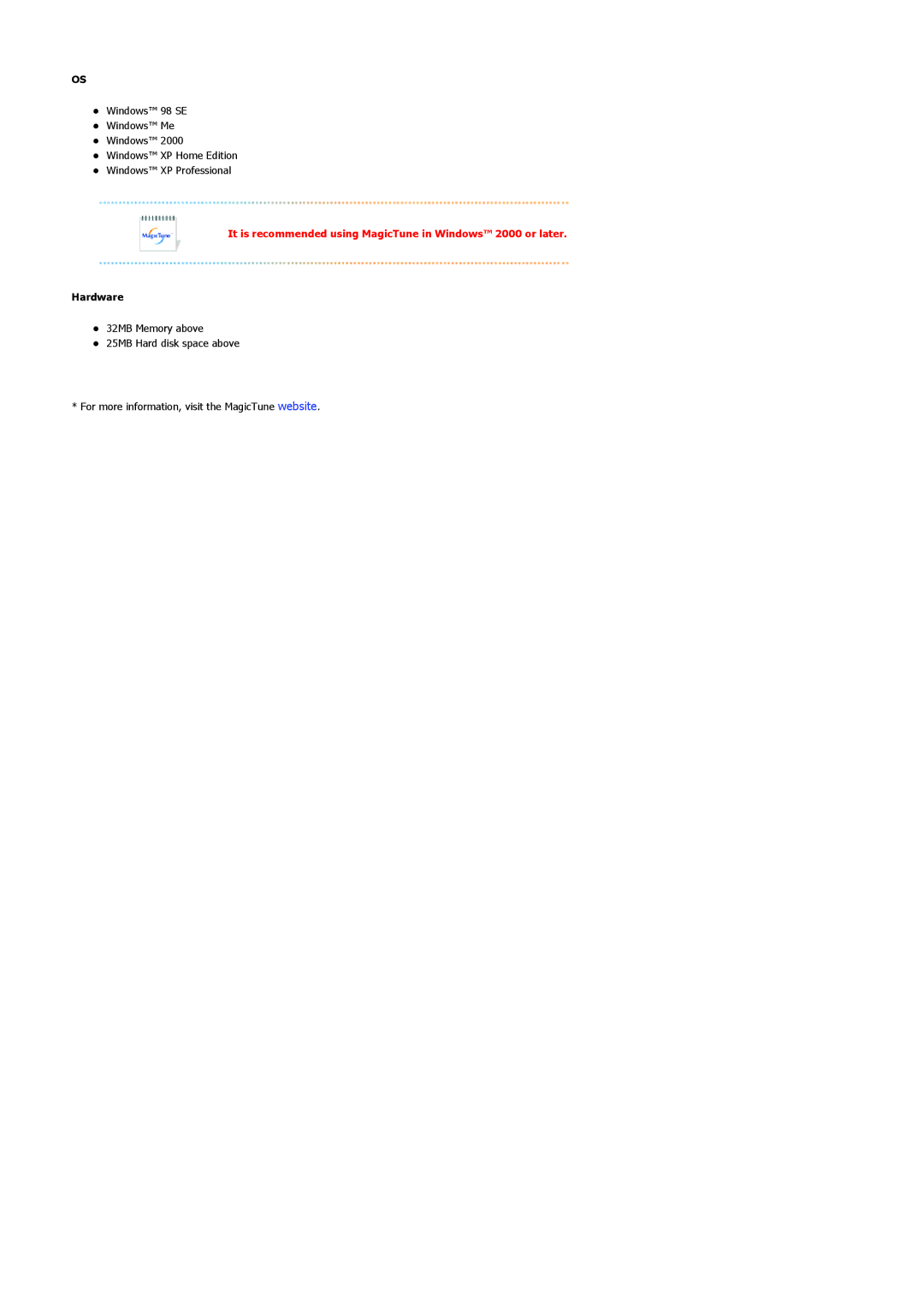 Samsung 244T manual It is recommended using MagicTune in Windows 2000 or later 
